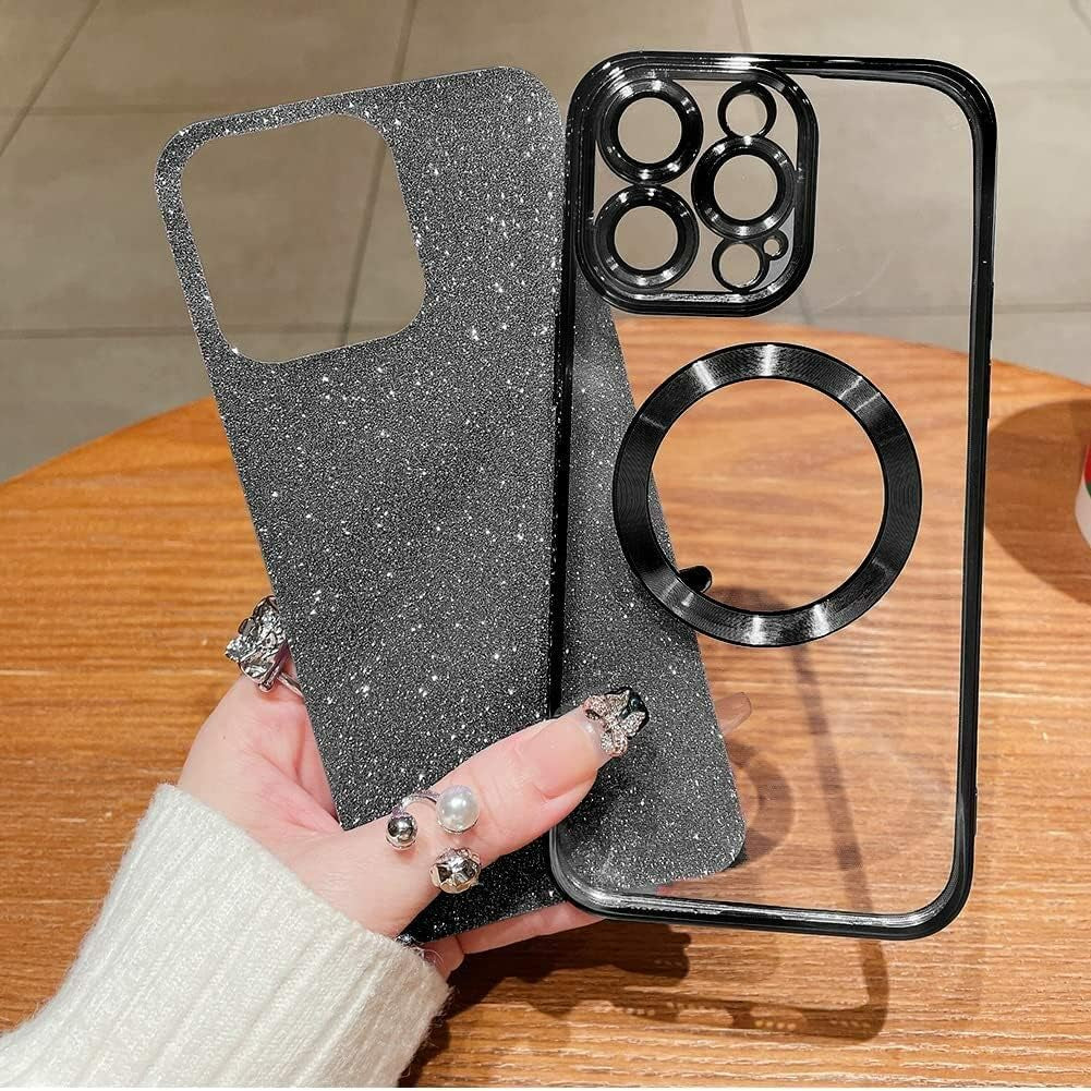 Aowner Magnetic Case for Iphone 14 Pro Glitter Case, Luxury Plating Cute Bling with Camera Lens Protector, Compatible with Magsafe, Slim Thin for Women Girls Protective Clear Phone Case, Black  aowner   
