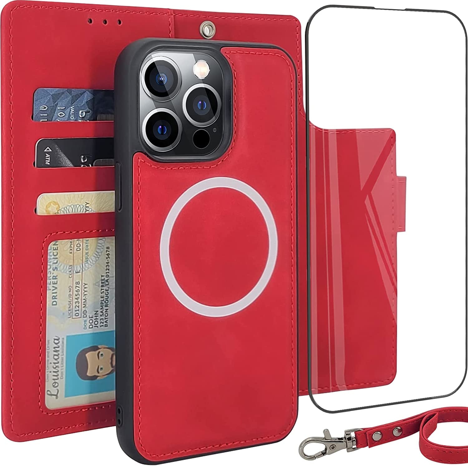 CAVOKAS Case Wallet for Iphone 14 Pro Wallet Case, 6.1 Inch Magnetic Detachable Leather Flip Case with Card Holders, Compatible with Magsafe Wireless Charging Kickstand Phone Cover RFID Block, Blue  CAVOKAS Red iPhone 14 Pro Max 
