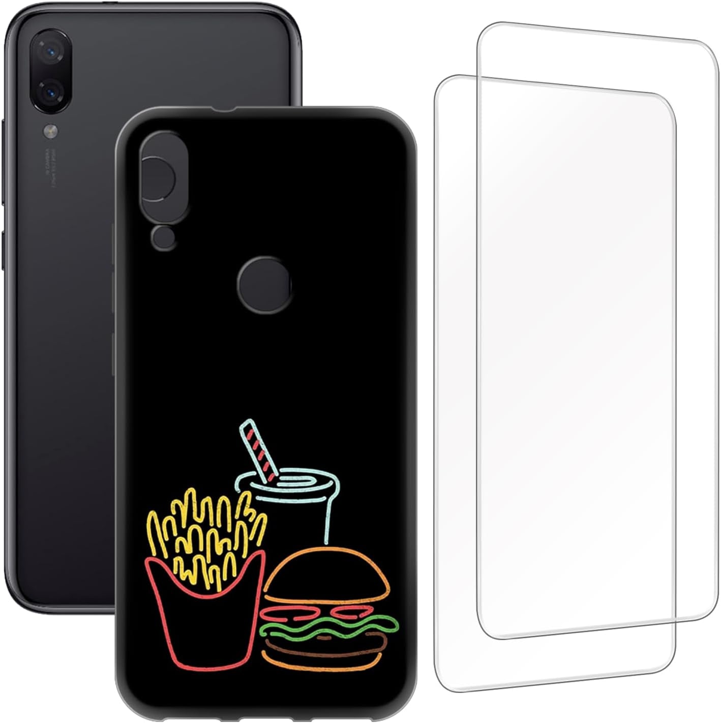 Zuitop Xiaomi Mi Play(5.84 Inch) Design Case with 2 Pack Tempered Glass Screen Protector,For Xiaomi Mi Play Slim Soft Silica Gel TPU Protective Cover.  Zuitop Burgers And Fries  