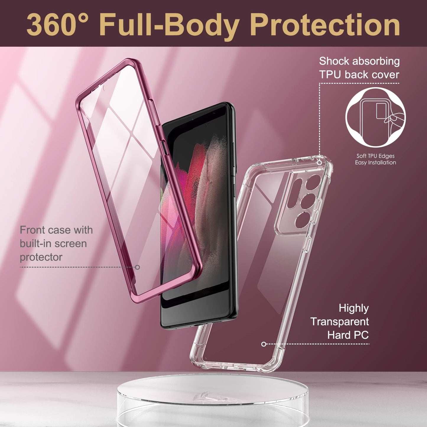 SURITCH for Samsung Galaxy S21 Ultra Clear Case 6.8" (Only), [Built-In Screen Protector] Full Body Protective Hard Shell+Soft TPU Phone Case for Samsung S21 Ultra -(Dark Magenta Edge)  SURITCH   