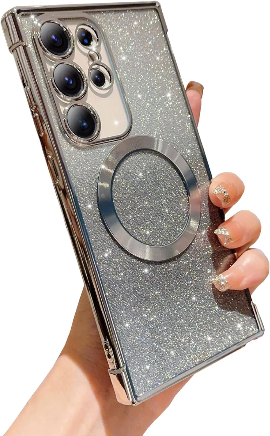 Aowner for Samsung Galaxy S21 Ultra Magnetic Case Compatible with Magsafe, Full Protection Square Glitter Clear Phone Case for Women Girls Cute Soft Shockproof Bumper Protective Cover Case 6.8"-Gold  aowner Silver Samsung Galaxy S21 Ultra - 6.8" 