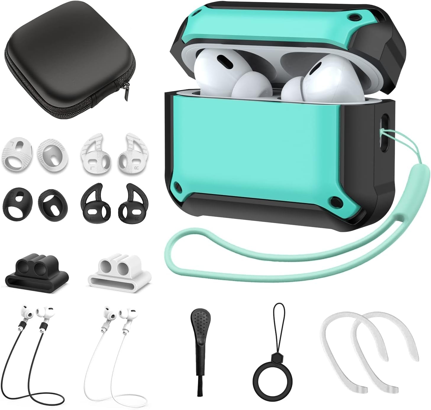 [14 in 1 Set] for Airpods Pro 2Nd Generation Case Cover, Silicone Airpod Pro 2 Case Cover for Men Women with Lanyard, Shock-Absorbing Protective Case for Airpods Pro 2Nd Generation 2022 - White  TOLUOHU (14in1 Set)-Mint Blue  