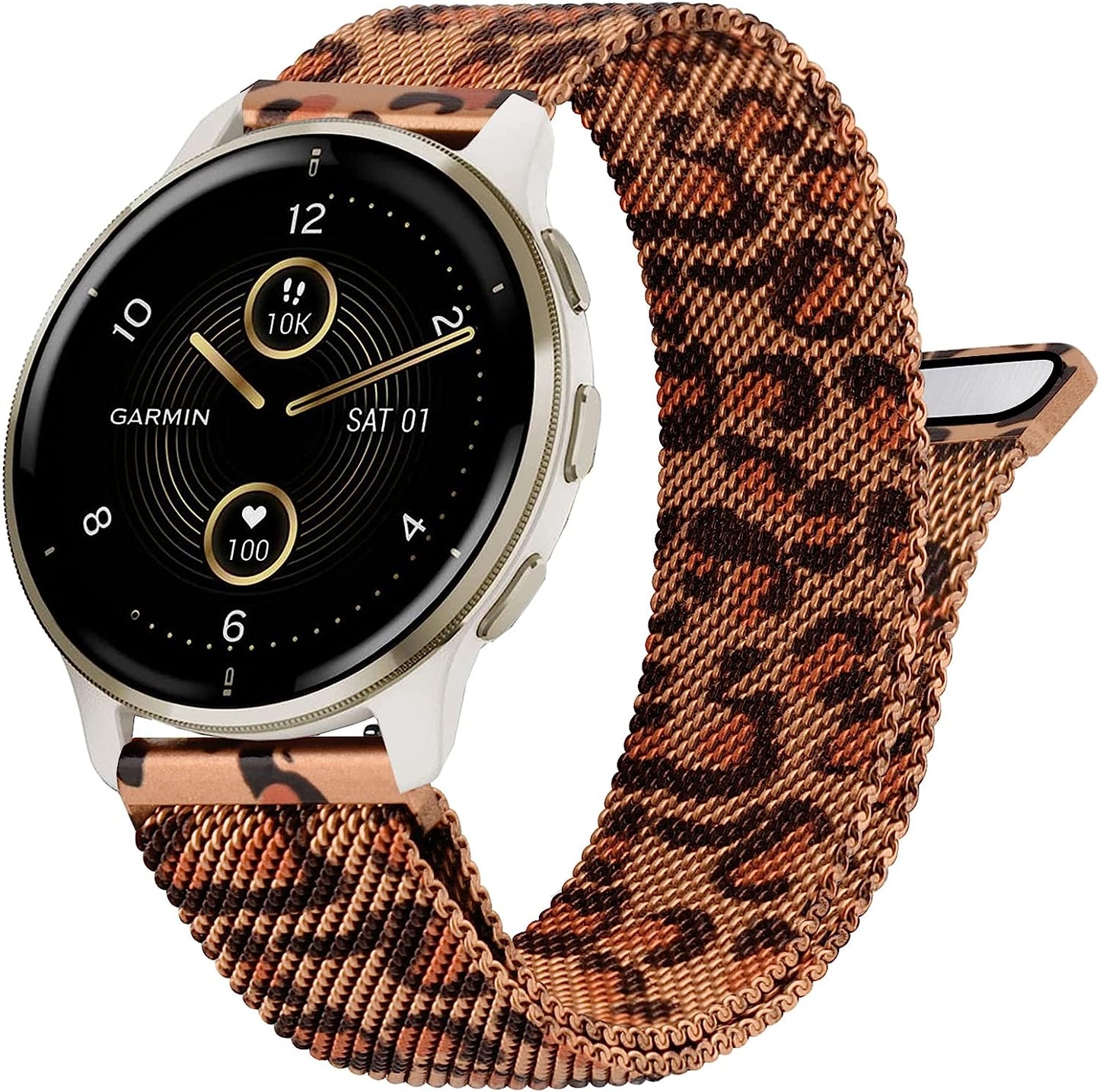 Metal Bands for Garmin Venu / Venu 2 plus / Venu Sq Watch Band Women Men, 20Mm Stainless Steel Replacement Wristband Strap for Garmin Vivomove Sport, Vivoactive 3 / 3 Music, Forerunner 645 / 245 Music Smart Watch  Wanme Leopard  