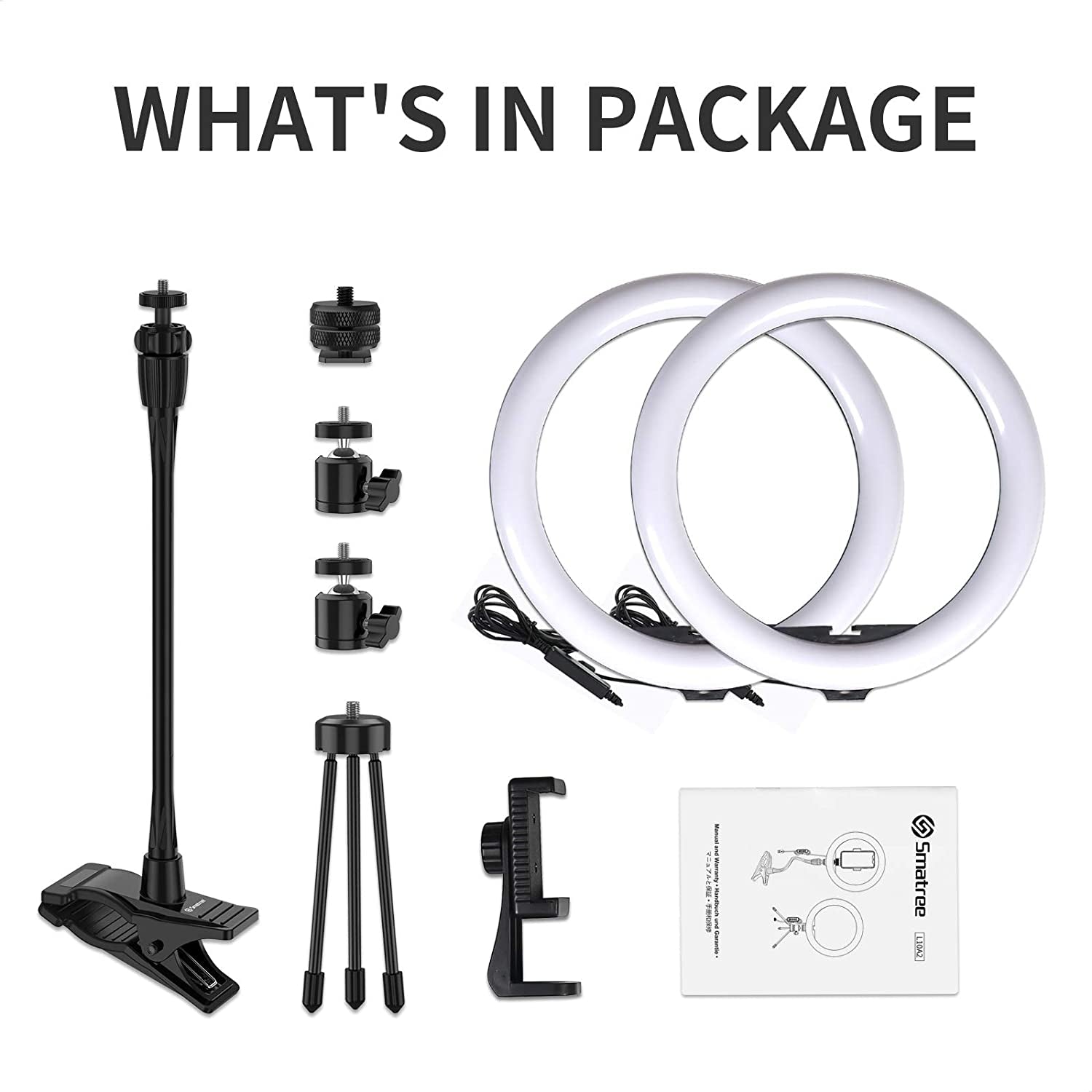 Smatree 10" LED Selfie Ring Light with Flex Clamp Mount & Tripod Stand & Phone Holder,Dimmable Desktop Dual Ring Light Double Lamp Set with 3 Light Modes for Live Streaming/Makeup/Tiktok/Youtube/Vlog  Smatree   
