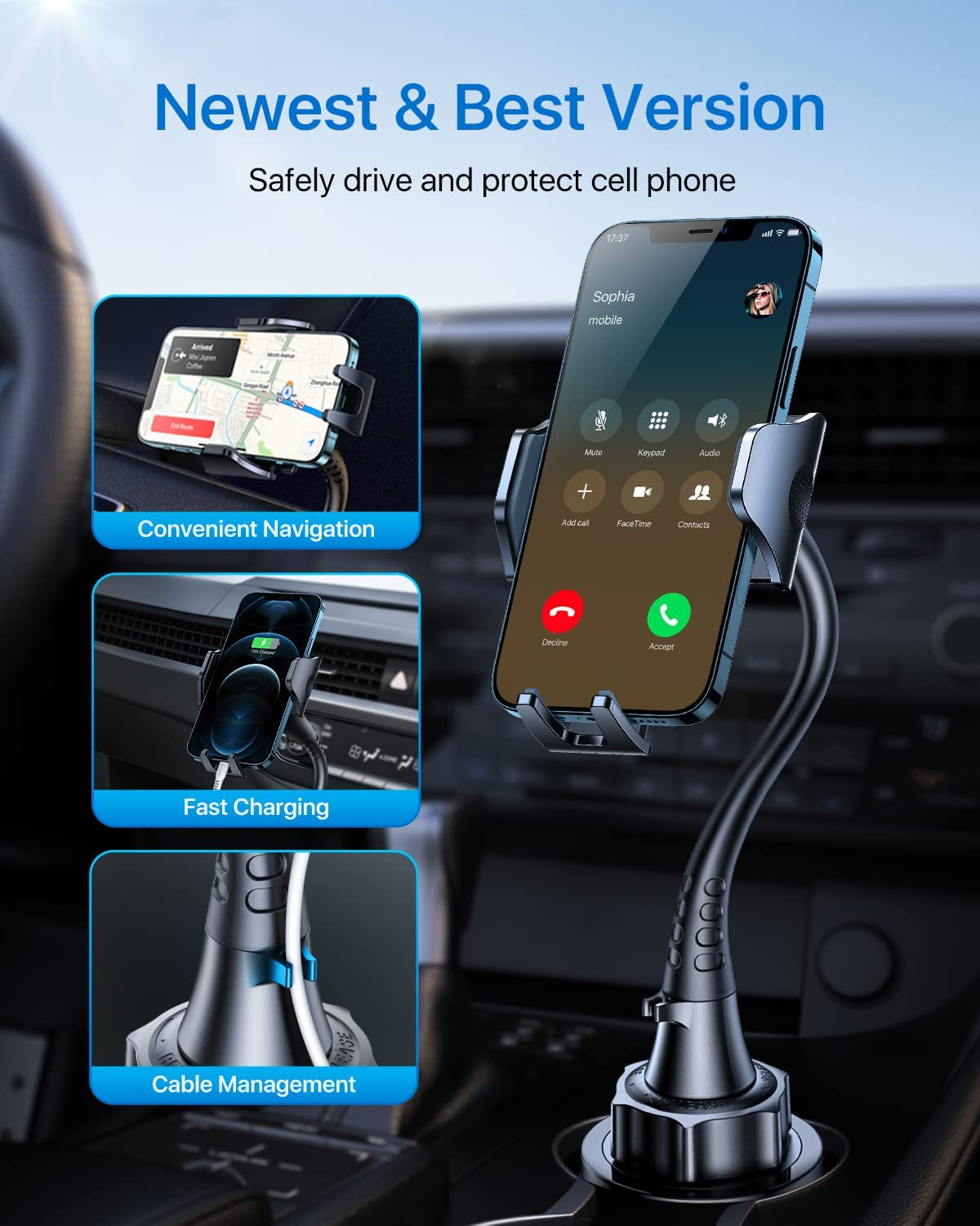 Andobil [Newest & Solidest 15In Cup Holder Phone Mount, [Stable & Adjustable] Long Gooseneck Cup Phone Holder for Car Truck [Military-Grade] Fit for Iphone 14 13 12 Pro Max & All Cell Phones  andobil   