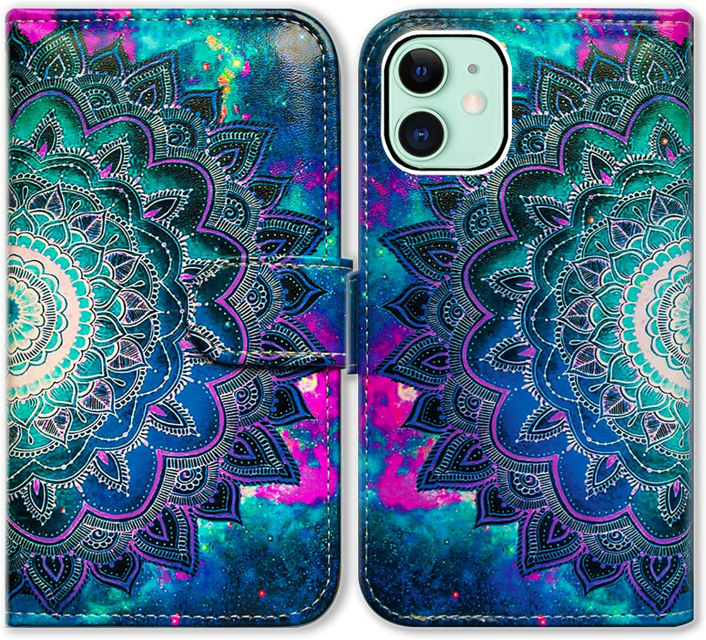 Bcov Iphone 13 Case,Blue Butterfly Flowers Rose Leather Flip Phone Case Wallet Cover with Card Slot Holder Kickstand for Iphone 13  Bcov Mandala Flower Space  