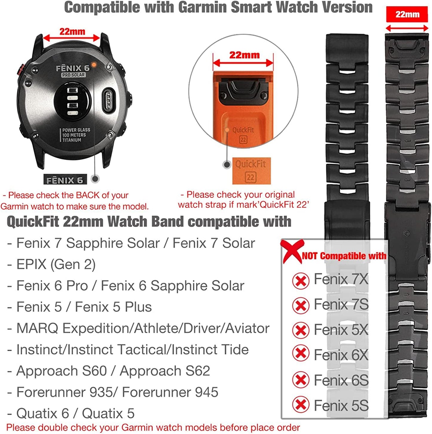 Abanen Titanium Watch Band for Fenix 7/ Fenix 6 / Fenix 5 /EPIX 2, Quick Fit 22Mm Titanium Metal Wristband with Stainless Steel Buckle for Garmin Fenix 6 Pro/Sapphire/Solar,Approach S62 (Black)  Abanen   