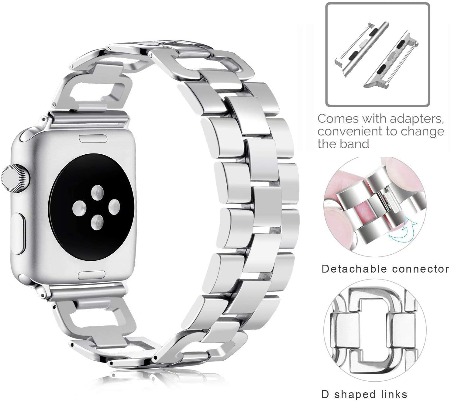 OULUCCI Bands Compatible Apple Watch Band 42Mm 44Mm 45Mm Ultra 49Mm Iwatch Series8 7 6 SE 5 4 3 2 1,Stainless Steel Metal Wristband Strap Women Men Silver (No Tool Needed)  OULUCCI   