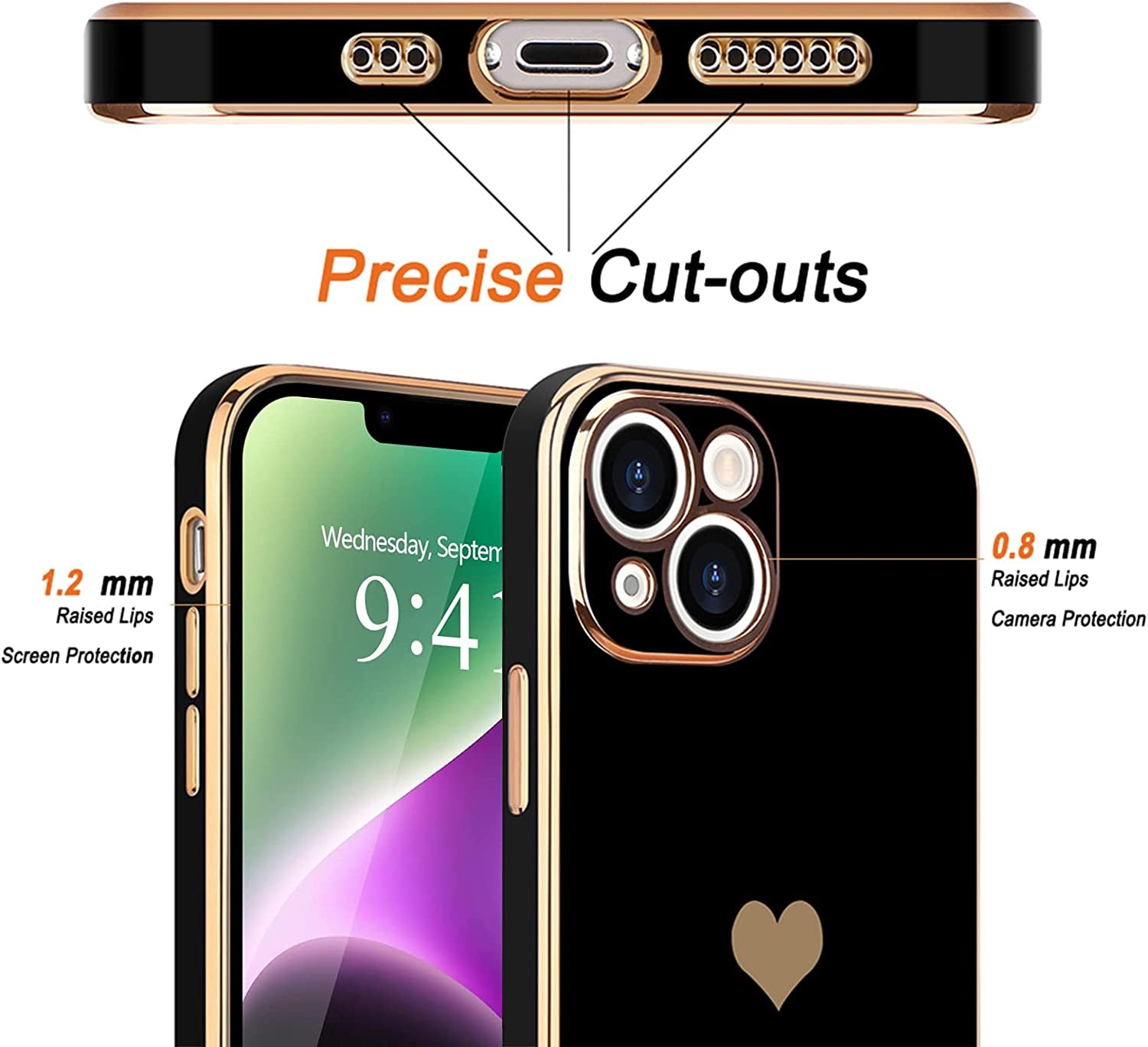 Teageo for Iphone 14 Case for Women Girl Cute Love Heart Luxury Electroplate Plating Soft Bling Back Cover Raised Full Camera Protection Bumper Silicone Shockproof Phone Case for Iphone 14, Black  janzee   