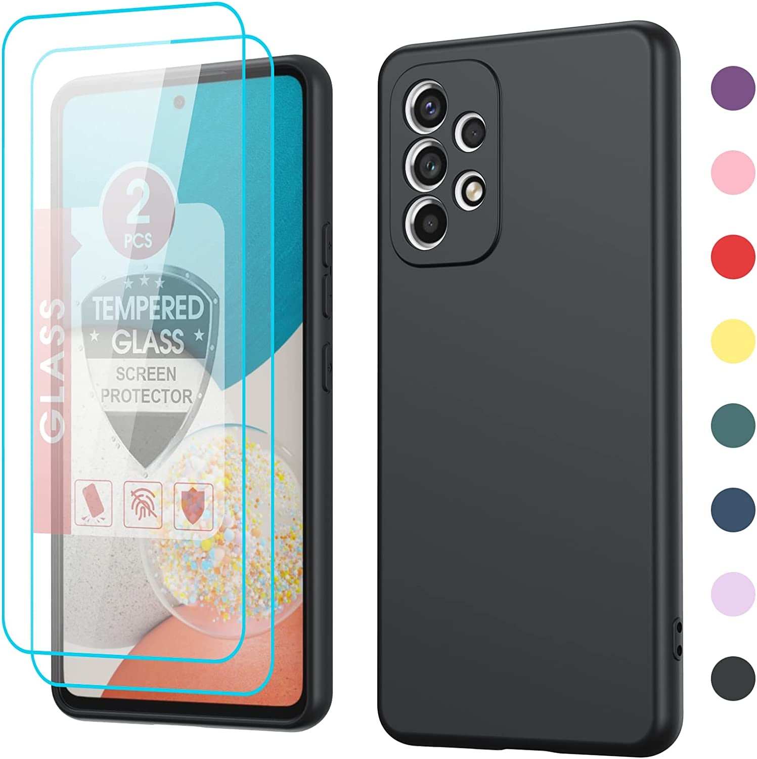 Leyi for Galaxy A53 Case, Case for Galaxy A53 5G with [2 Pack] Tempered Glass Screen Protector, Liquid Silicone Soft Microfiber Liner Cover Phone Case Samsung A53 5G, Orange  LeYi Black  