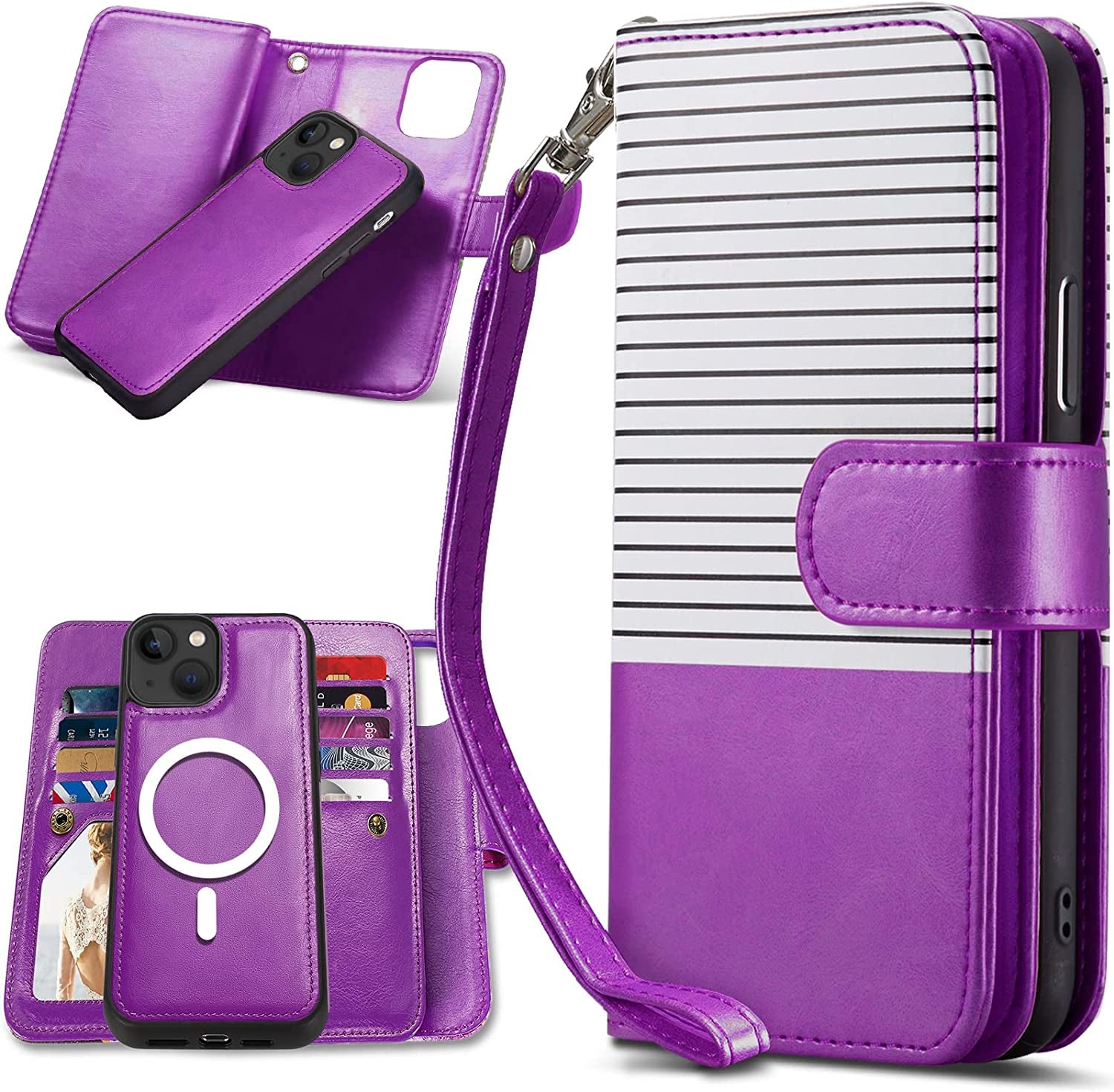 CASEOWL Compatible with Iphone 14 Wallet Case, Support Magsafe Charger, 2 in 1 Magnetic Detachable Folio Leather Iphone 14 Case Wallet with 9 Card Slots[Rfid Blocking], Strap for Man Women (Black)  CASEOWL White Stripe & Purple [for iPhone 14]  