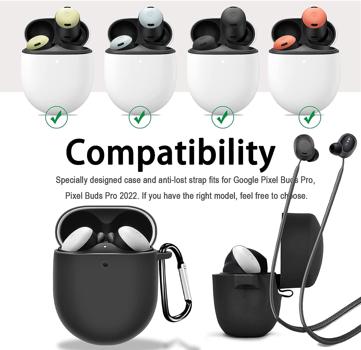 (1+1) Miimall Compatible for Google Pixel Buds Pro Case with Strap, Soft Silicone Keychain Protective Case Cover + Anti-Lost Neck Strap for Pixel Buds Pro 2022 Accessories (Black)  Miimall   
