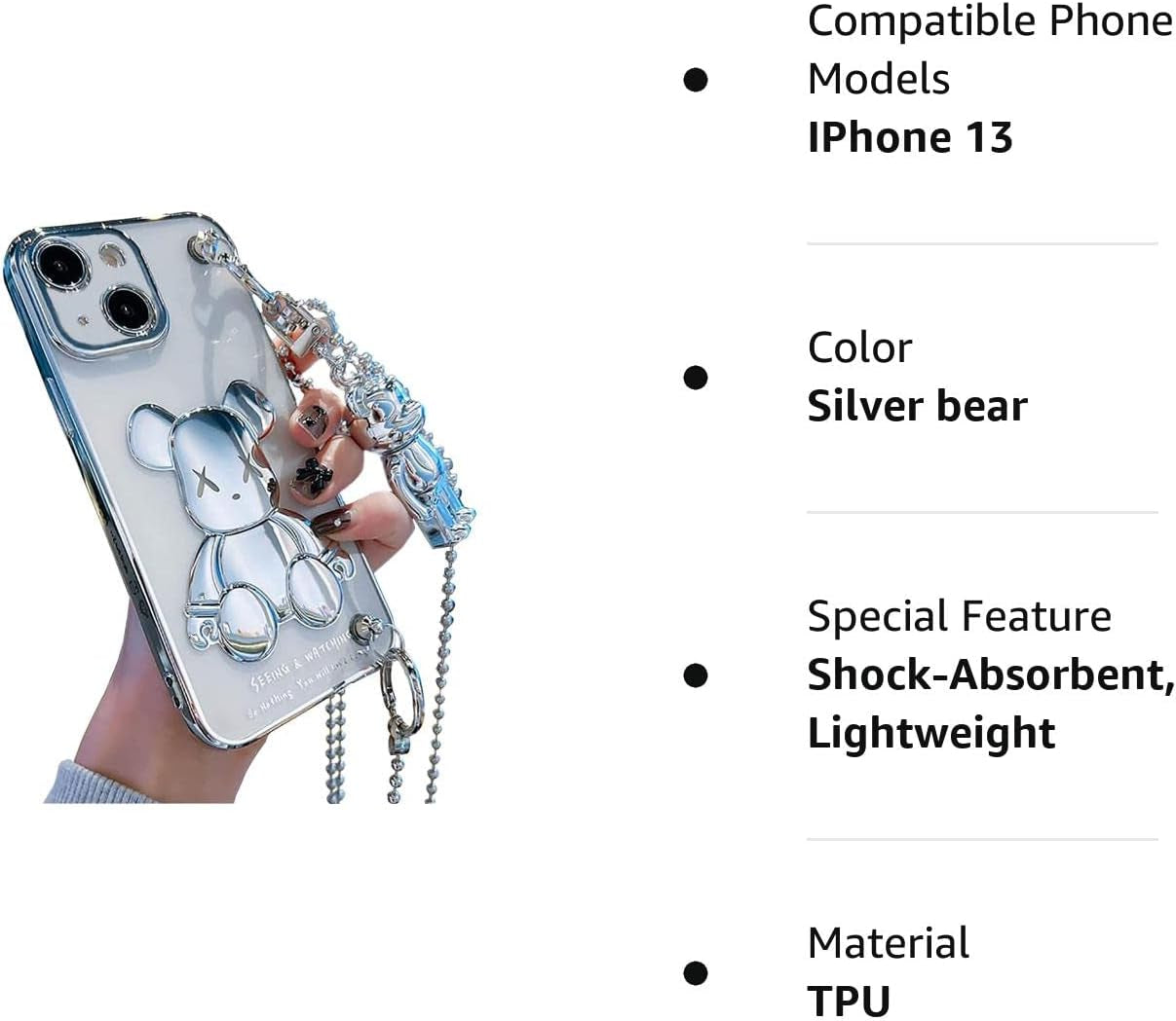 Aartvark Tees Cute Case for Iphone 13, Cartoon Silver Teddy Bear Sparkle Bling Cover with Metal Chain Strap Bell Pendant, Fashion Soft TPU Shockproof, Phone Case Suitable for Women & Girls  aartvark tees   