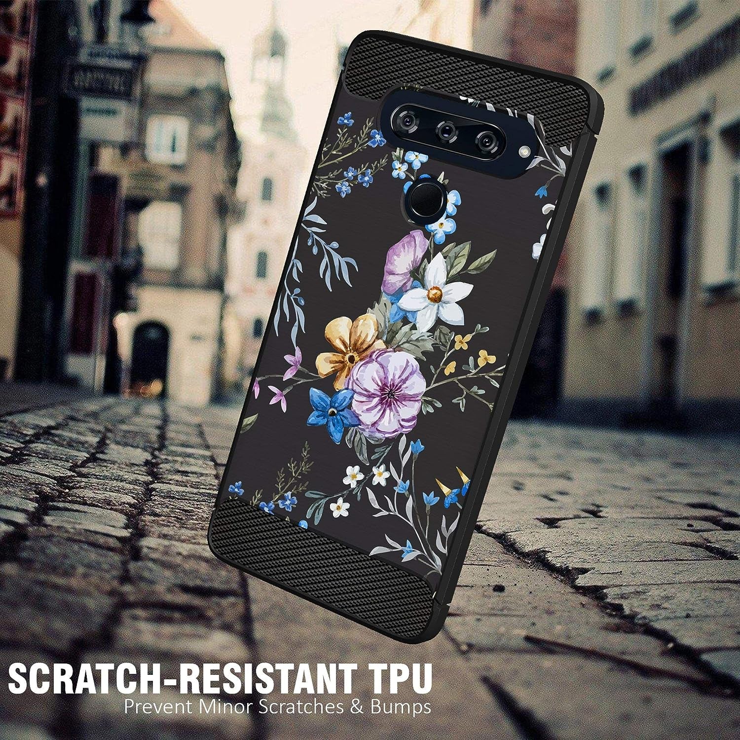 Casesondeck Case Compatible with [LG V40 Thinq] Soft TPU Bumper Cover Carbon Fiber Texture Flexible (Flowers)  CasesonDeck   