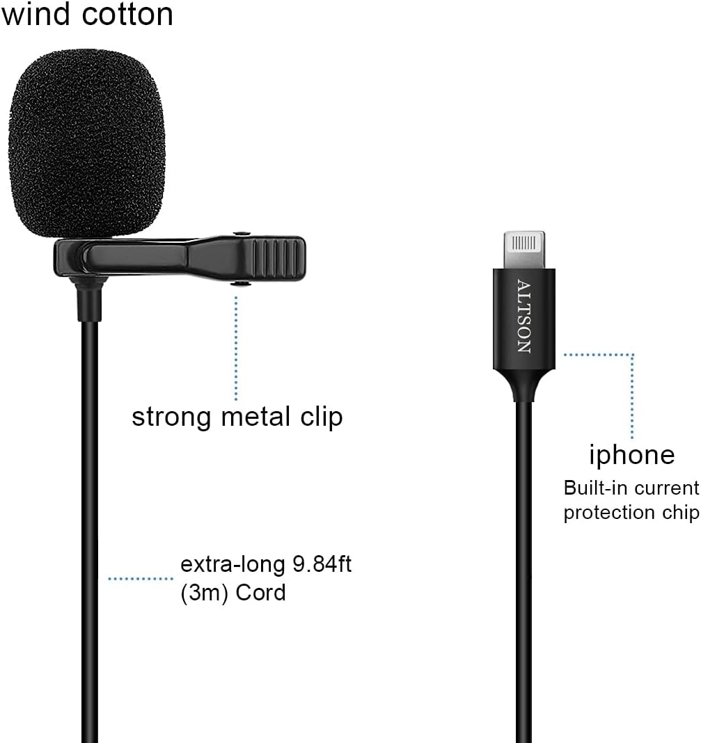 ALTSON Professional Lavalier Microphone for Iphone/Video Conference/Podcast/Voice Dictation/Youtube Grade Omnidirectional Phone Audio Video Recording Condenser Microphone (Black 9.84T)  ALTSON   