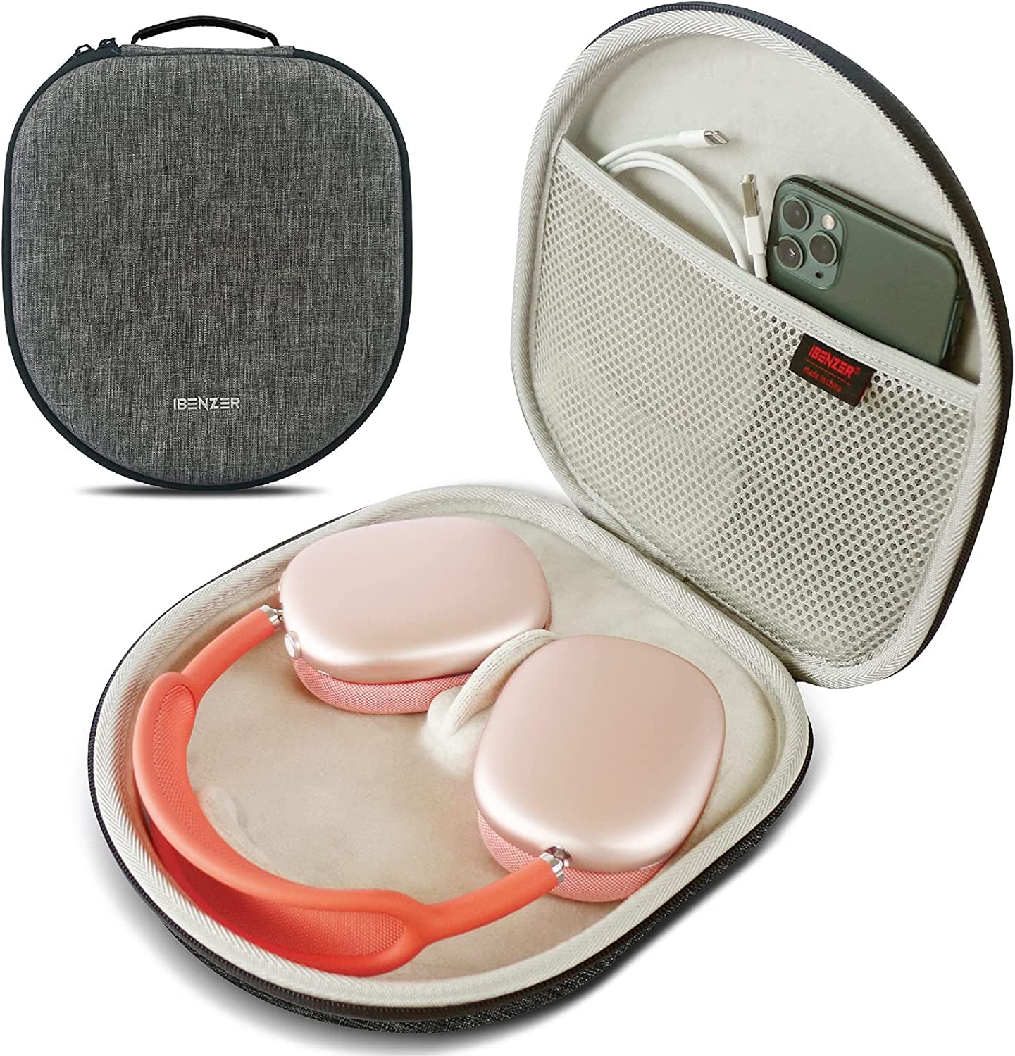 Ibenzer Case for Airpods Max Headphone Travel Carrying Case with Mesh Pocket Storage Bag Waterproof Accessories Protective Hard Shell Headset Cover, Black AP Max-Bk  iBenzer Gray  