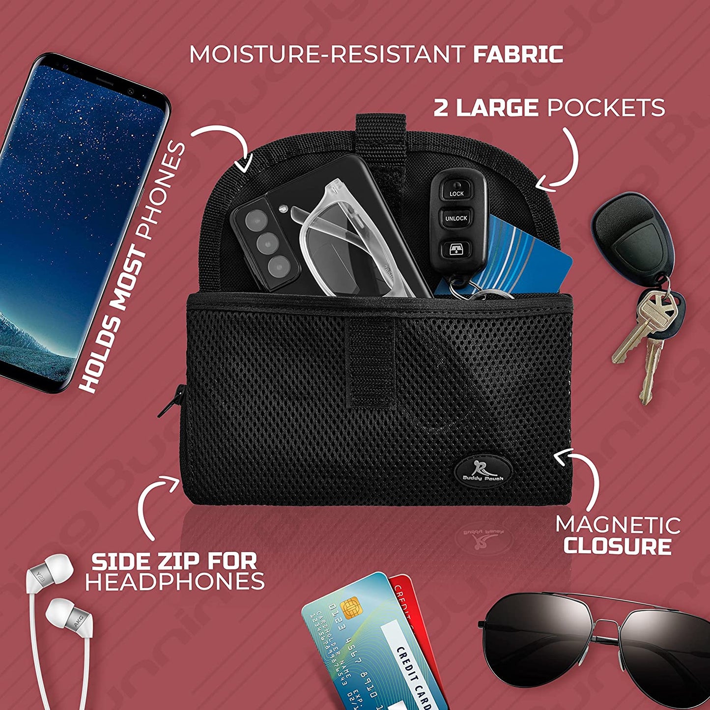 Running Buddy Magnetic Buddy Pouch, Beltess, Chafe and Bounce Free, Runners Fanny Pack, Phone Holder, Great for Running, Walking, Traveling & More, for Men & Women - 6-3/4” L X 4” W - Black and Pink  Runner's High   