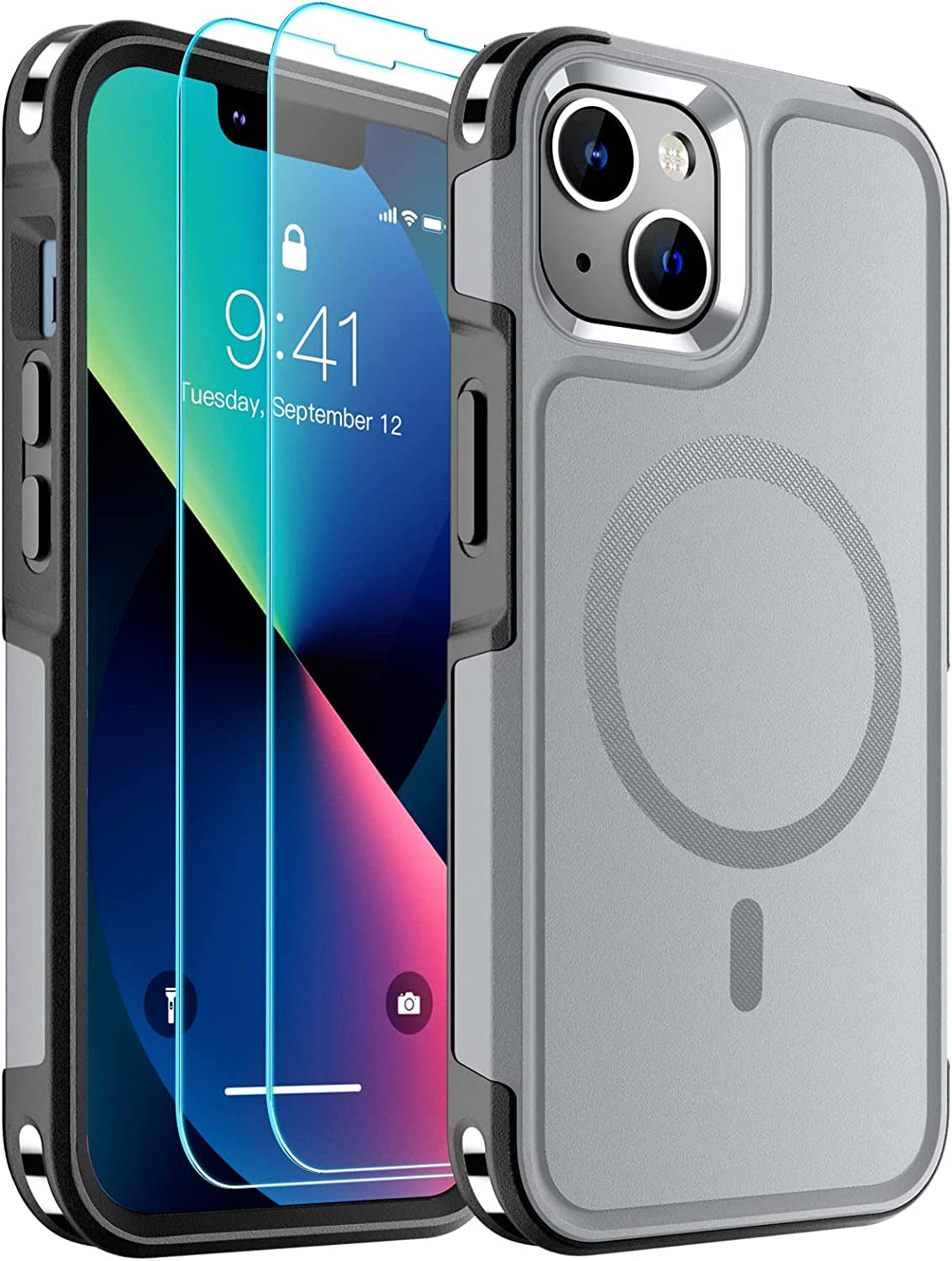 SUPFINE Magnetic for Iphone 13 Case Clear [Compatible with Magsafe][Never Yellow][2+Tempered Glass Screen Protector] Non-Slip Shockproof Phone Case,Flexible Bumper Designed for Thin Cover,Clear  SUPFINE Magnetic Grey Iphone 13 