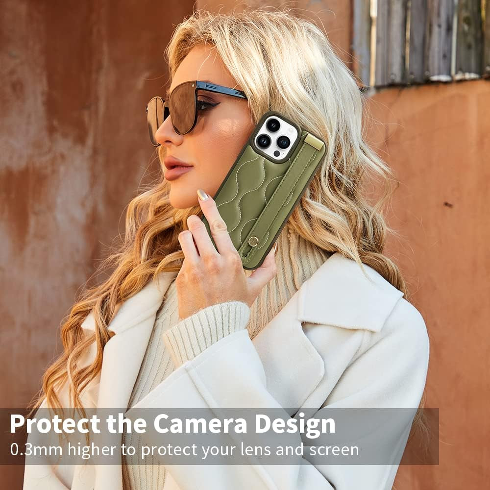 ZVE Designed for Iphone 13 Pro Max Kickstand Case, Quilted Leather Shockproof Case with Stand for Women Strap Cover Case Compatible with Iphone 13 Pro Max, 6.7 Inch-Green  ZVE   