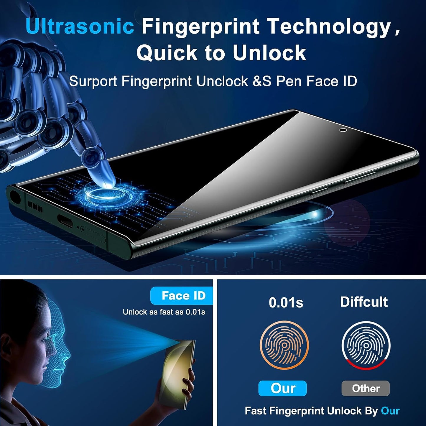 Arshek [2+2 Pack] Galaxy S22 Ultra Privacy Screen Protector, 9H Tempered Glass, Ultrasonic Fingerprint Support, 3D Curved, HD Clear Anti-Spy Film for Samsung S22 Ultra 5G Glass Screen Protector  Arshek   