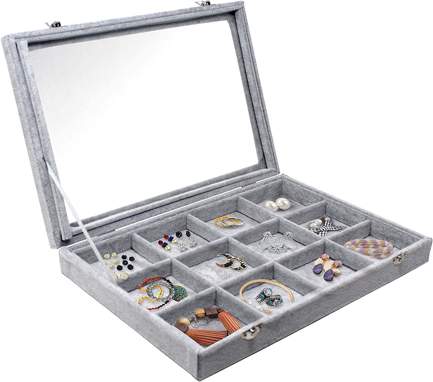 Ring Organizer Box with Transparent Lid ~ Ring Holder Showcase for Store Display, Jewelry Show & Home ~ Jewelry Tray Organizer for Rings, Studs & Earrings (Black)  Hivory Grey 12 Grid  