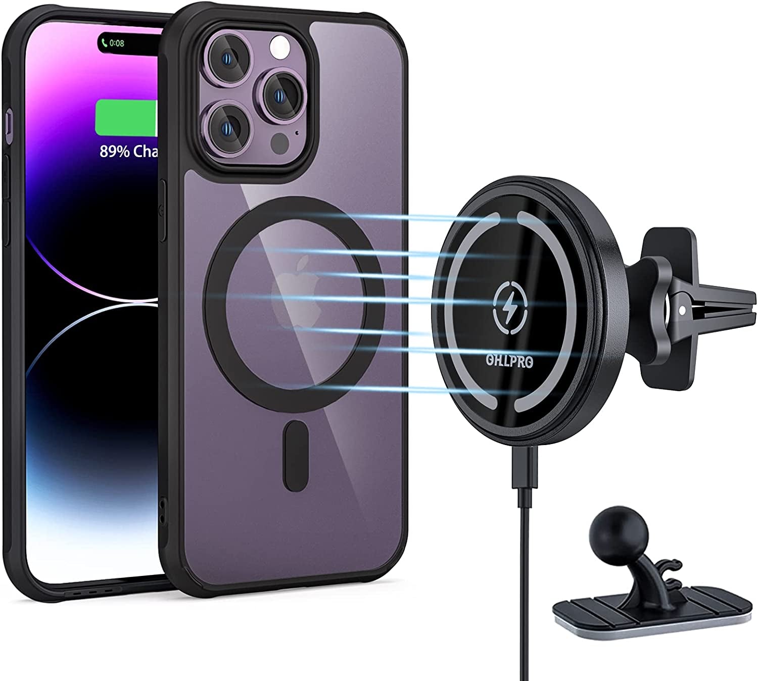 Magnetic Wireless Car Charger Mount, Stick on the Dashboard for Magsafe Iphone 14/14 Pro/14 Max/13/13 Pro/13 Pro Max/ 12/12Pro/Mini, Fast Charging Auto-Alignment Air Vent Phone Holder (Dark Grey)  OHLPRO 14 Pro Max case  