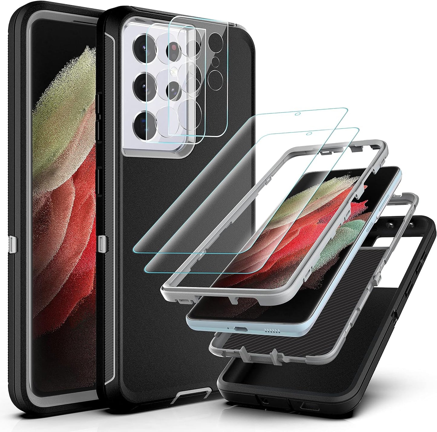 Ymhxcy Galaxy S21 Ultra Case with Self Healing Flexible TPU Film[2 Pack] and Camera Lens Screen Protective Film[2 Pack], Heavy Protection Cover for Samsung Galaxy S21 Ultra-Wine Red and Rose Pink  YmhxcY Black And Grey New  