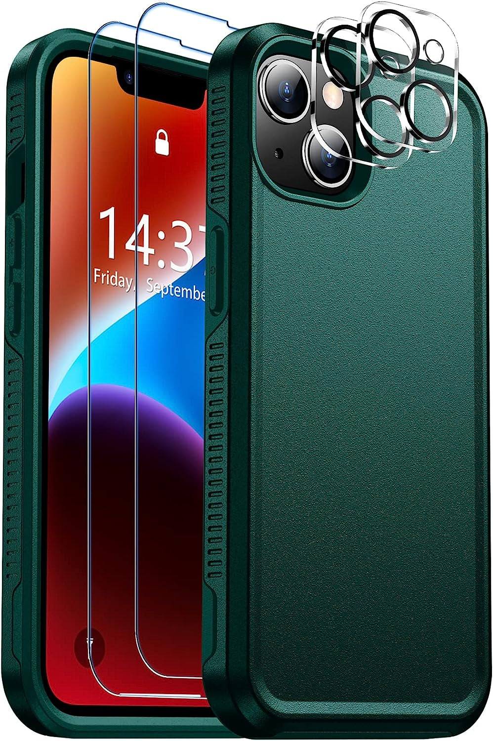Justcool Designed for Iphone 14 plus Case, [Crystal Clear Not Yellowing] with [2 Pcs Tempered Glass Screen Protectors & 2 Pcs Camera Lens Protector] Slim Thin Protective Phone Case (Clear)  Justcool Dark Green Iphone 14 Plus 