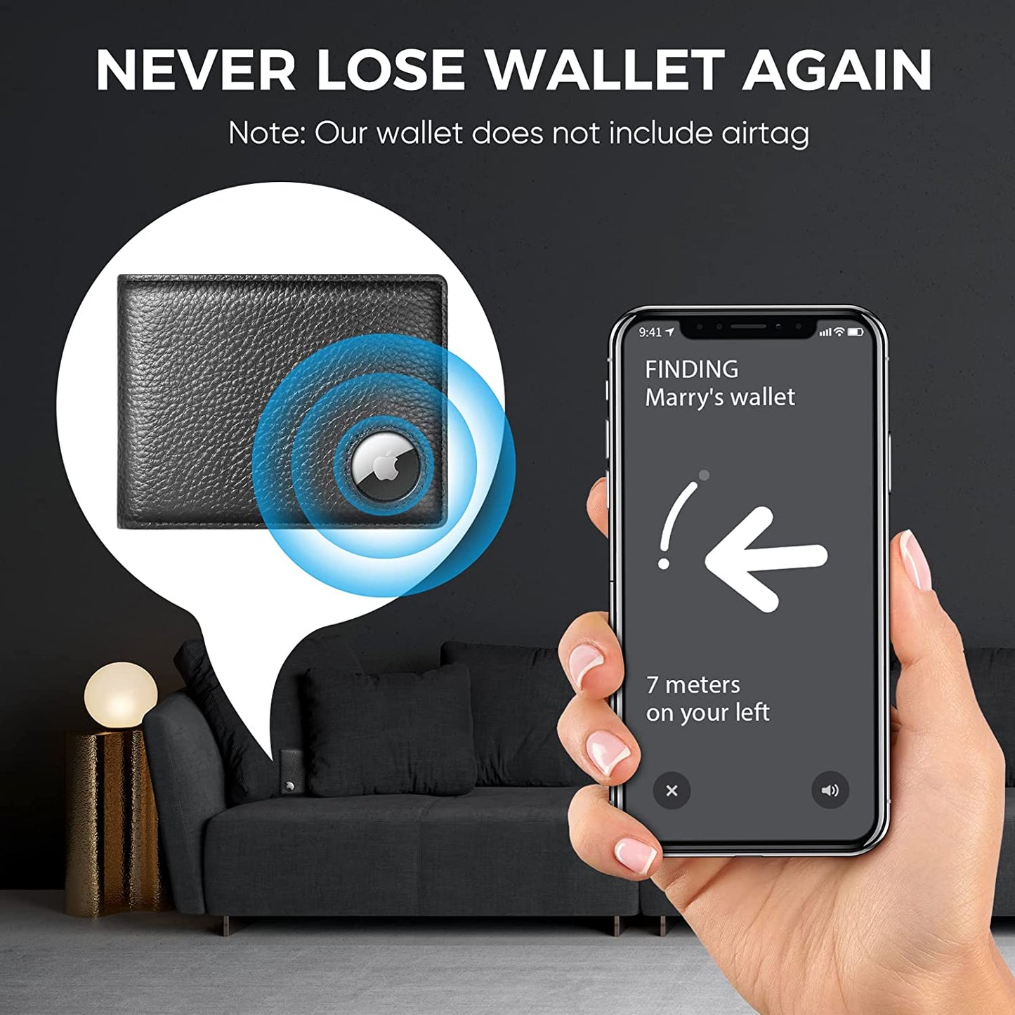 Dallson Mens Wallet for Airtag, Bifold Genuine Leather Wallet with Air Tag Holder, 2 ID Window, 10 Card Slot, RFID Blocking, Smart Wallet Compatible with Apple Airtag (Black)  Dallson   