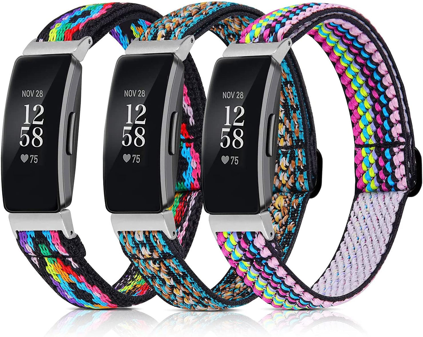 3 Pack Adjustable Fitbit Inspire 2 Bands, Compatible with Fitbit Inspire 2 / Inspire Hr/Inspire, Soft Loop Nylon Fabric Breathable Stretchy Replacement Straps for Women/Men  POHNUI Colorful + Posey Green + Rhombus Flower  