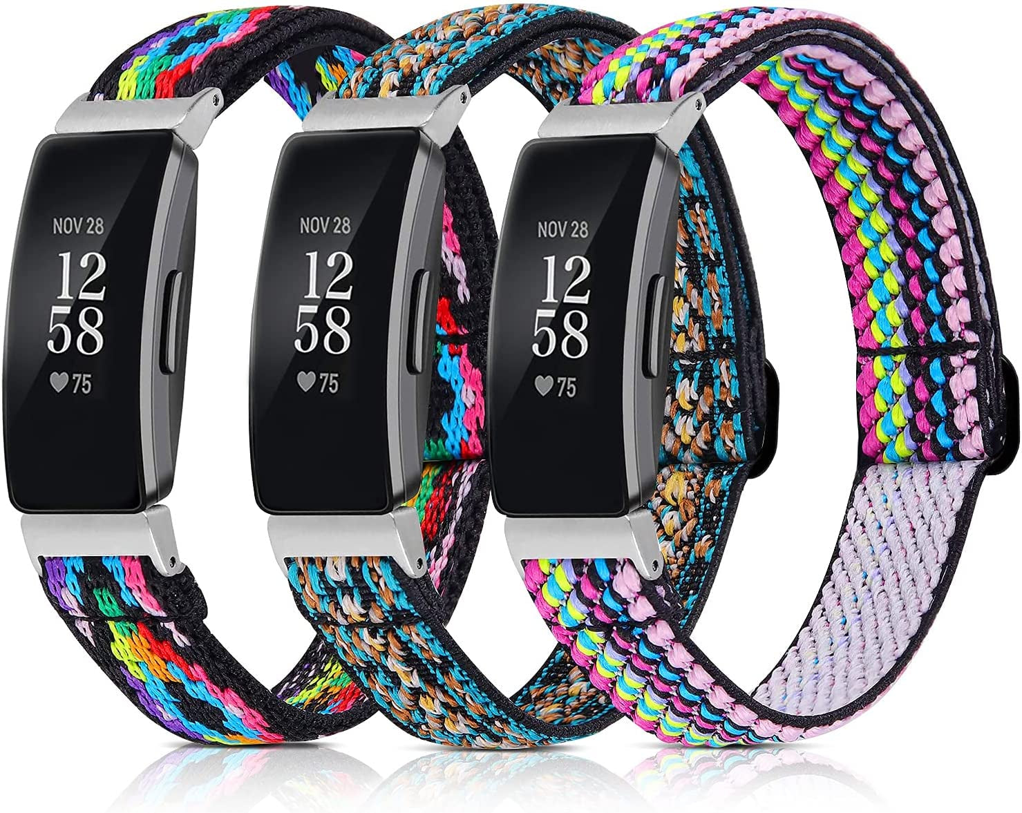 3 Pack Adjustable Fitbit Inspire 2 Bands, Compatible with Fitbit Inspire 2 / Inspire Hr/Inspire, Soft Loop Nylon Fabric Breathable Stretchy Replacement Straps for Women/Men  POHNUI Colorful + Posey Green + Rhombus Flower  