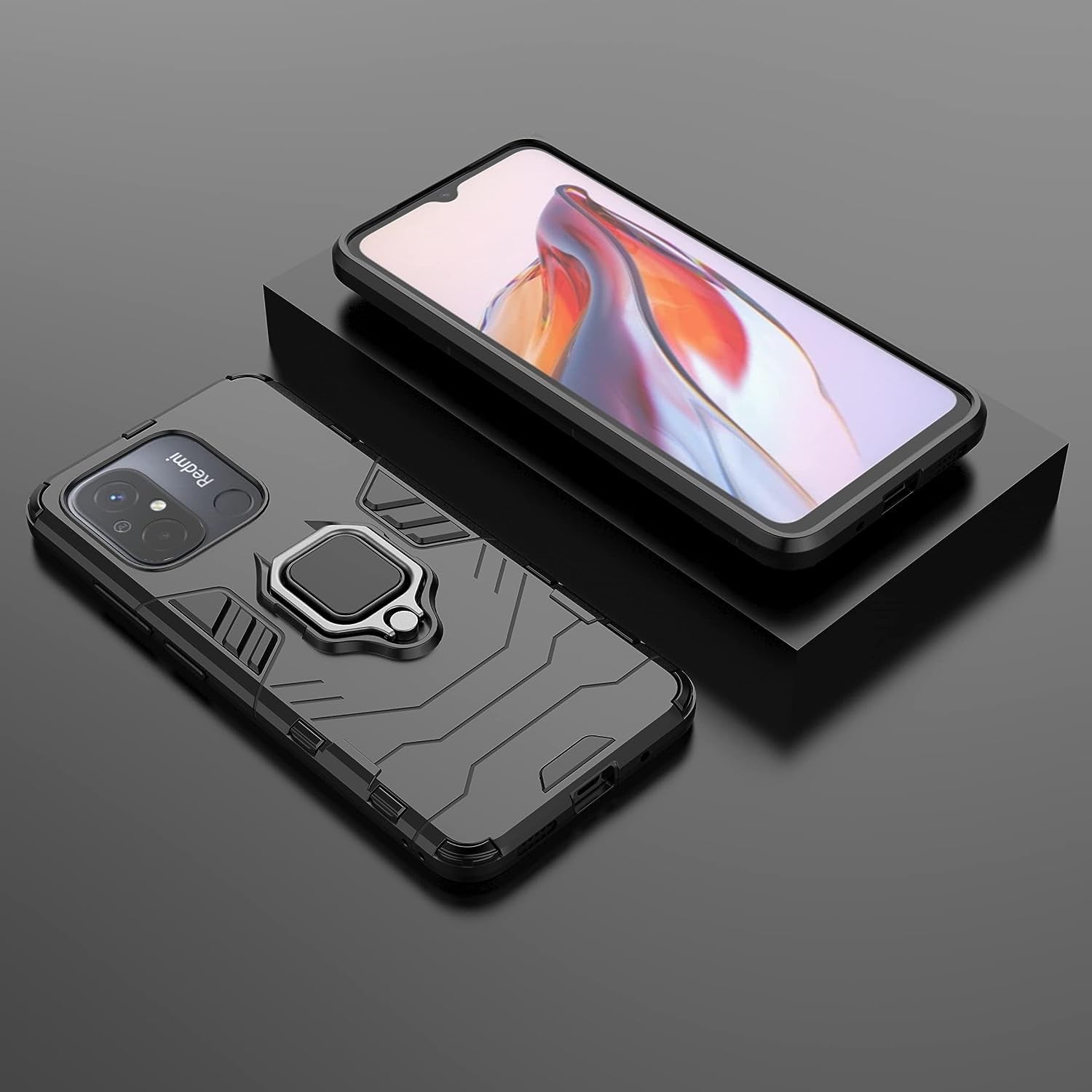 ZMONE Phone Case for Xiaomi Redmi 12C Case with Glass Screen Protector [2 Pack] Heavy Duty Dual Layer Military Grade Shockproof Protective Cover with Magnetic Ring Kickstand - Black  Chengmi   
