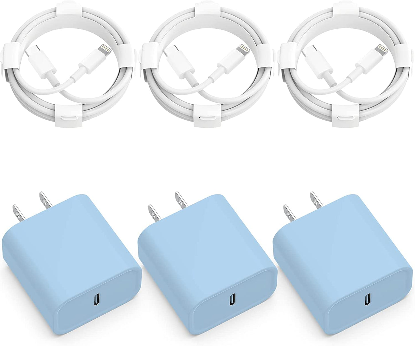3-Pack Iphone 14 13 12 11 Fast Charger,【Apple Mfi Certified】 20W PD USB C Wall Charger 6FT Cable Fasting Charging Adapter Compatible with Iphone 14Pro/13 Pro/12/12 Pro Max/11 Pro Max/Xs Max/Xs/Xr/X/8  CQDKWG blue  