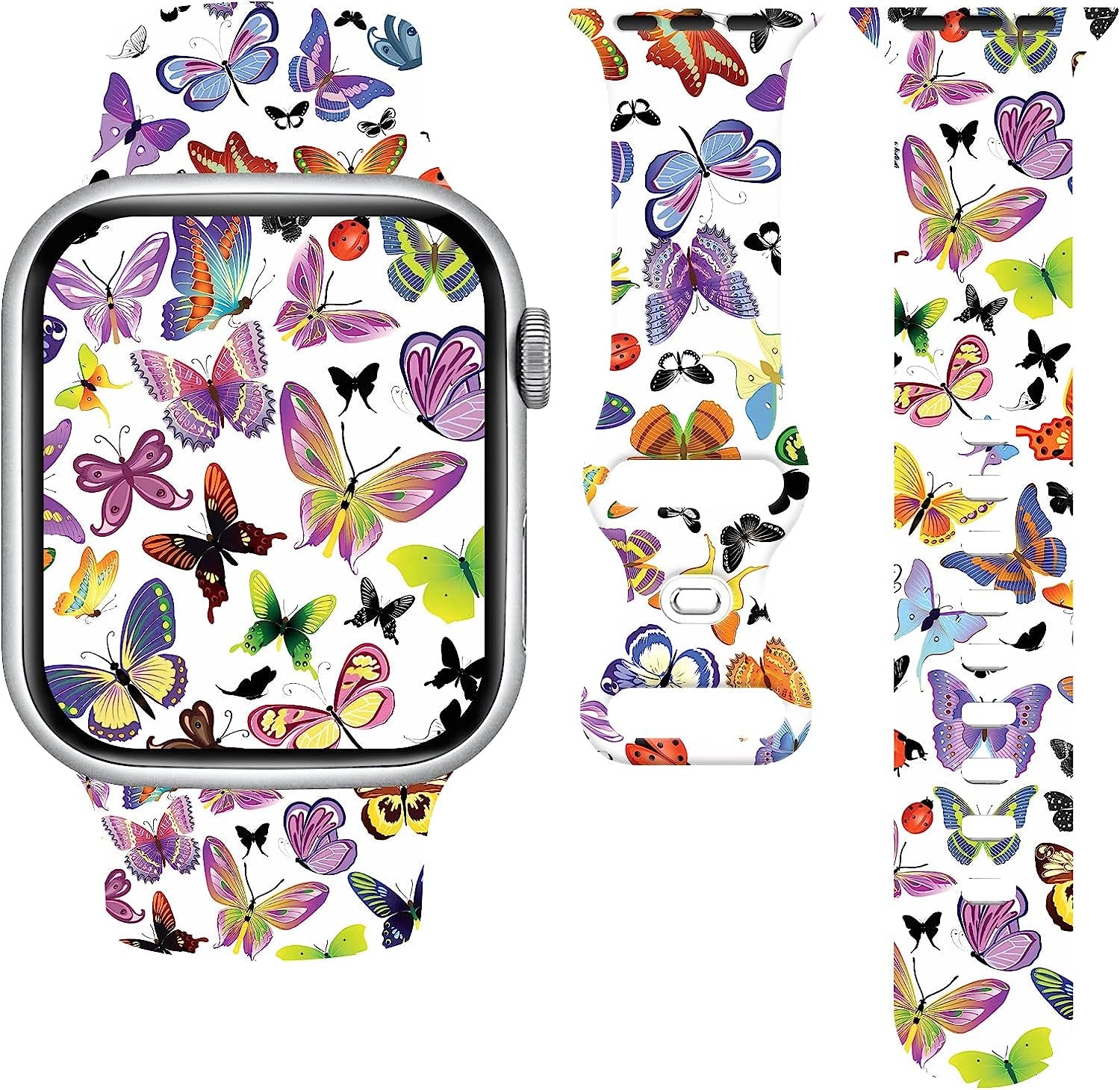 Butterfly Wristband Straps Watch Band Compatible with Apple Watch 38Mm 40Mm 41Mm, Cute Butterfly Silicone Fadeless Pattern Printed Replacement Wrist Compatible with All Iwatch Series  WANSENCE Butterfly-1 38mm/40mm/41mm 