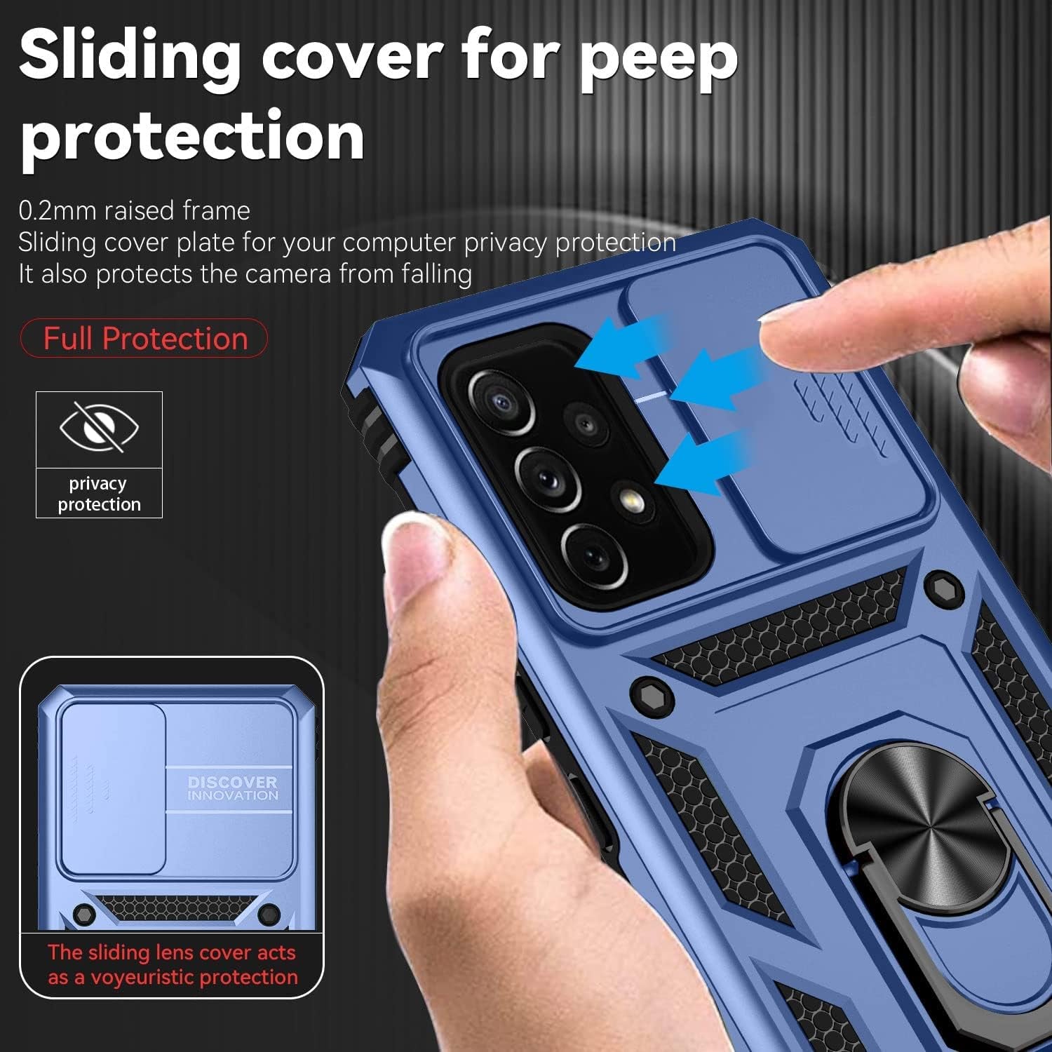 Samsung Galaxy A53 5G Case Built in Slide Camera Lens Cover and Screen Protector,Heavy Duty Shockproof Full Body Protective Phone Cover,Built in Finger Ring Stable Holder Kickstand,2022 Blue  Janmitta   