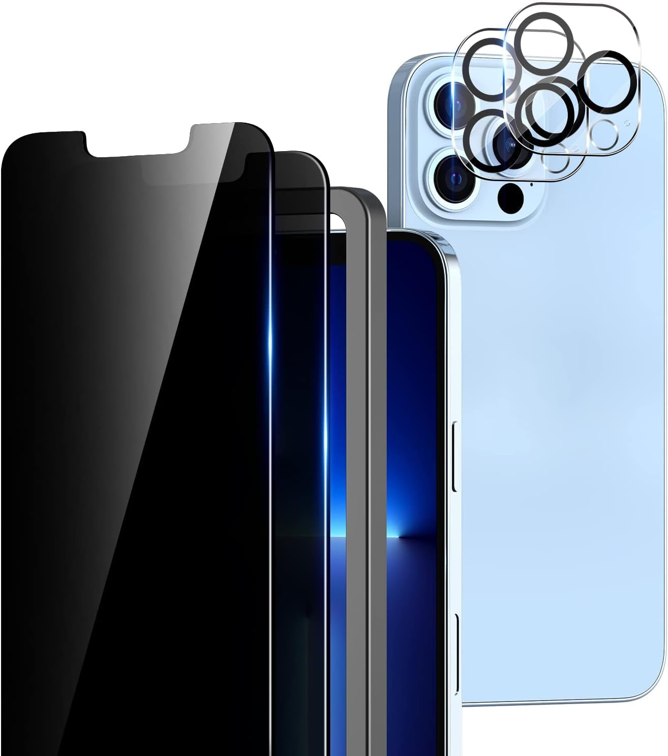 TOCOL [2+2 Pack Compatible for Iphone 13 Mini 5.4'' - 2 Pack Privacy Tempered Glass Screen Protector & 2 Pack Camera Lens Protector, Bubble Free, Case Friendly, Installation Frame, [Anti-Spy]  TOCOL   