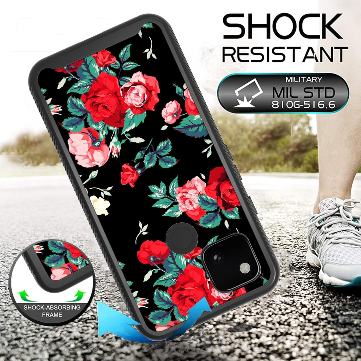 MGAH Pixel 4A 5G Case with Roses Design,Google Pixel 4A 5G Phone Case,Hybrid Triple Layer Armor Protective Cover Flexible Sturdy Anti-Scratch Shockproof Cute Case for Women and Girls-Flowers/Black  MGAH   