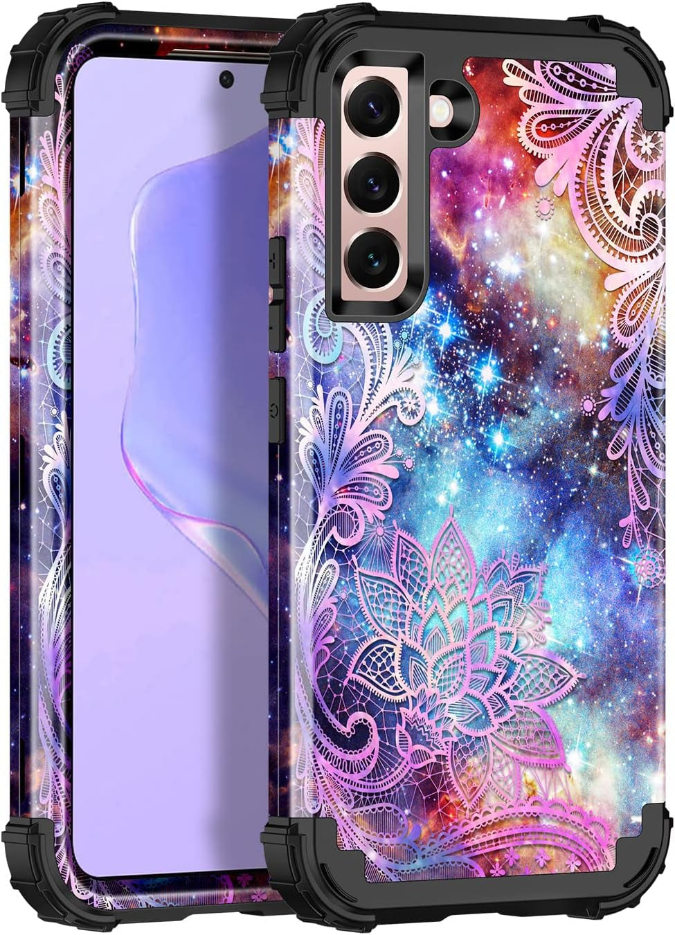 Casetego for Galaxy S21 5G Case,Floral Three Layer Heavy Duty Sturdy Shockproof Soft Tpu+Hard PC Protective Cover Case for Samsung Galaxy S21 5G 6.2 Inch,Orange/Black  Casetego Black/Purple Mandala  