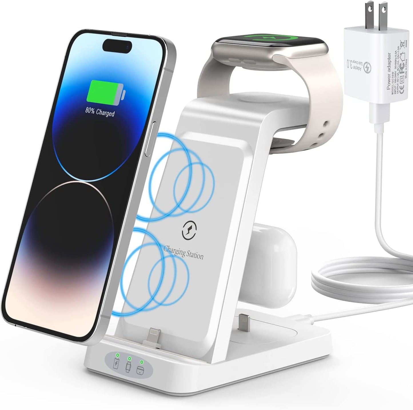 Charger Station for Apple Multiple Devices, 3 in 1 Fast Wireless Charging Dock Stand for Apple Watch 8 7 6 SE 5 4 3 2 Iphone 14 13 12 11 Pro X Max XS XR 8 7 plus 6S 6 Airpods 1 2 3 Pro with Adapter  Shenzhen Midason Technology Co.,Ltd White  