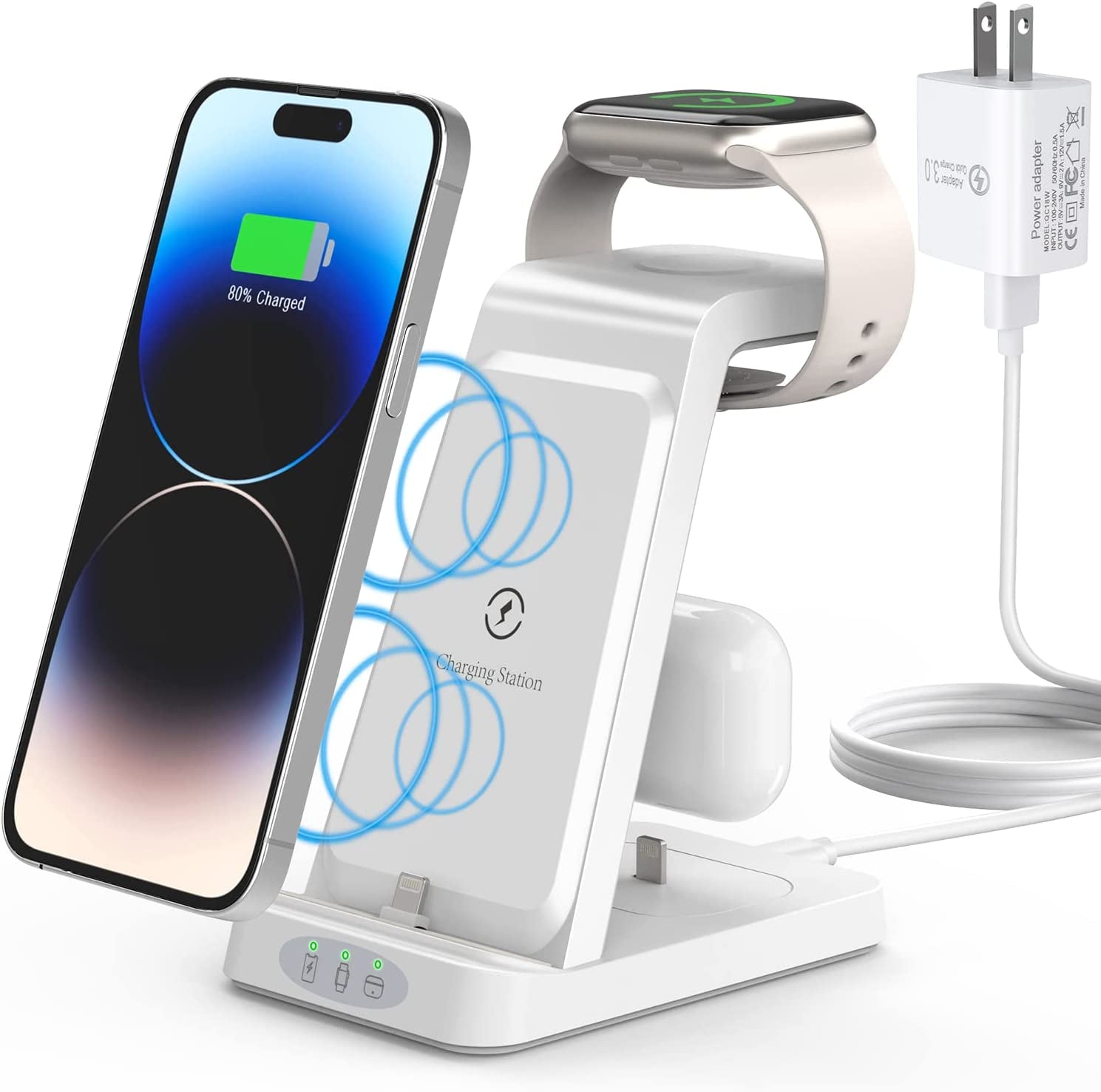 Charger Station for Apple Multiple Devices, 3 in 1 Fast Wireless Charging Dock Stand for Apple Watch 8 7 6 SE 5 4 3 2 Iphone 14 13 12 11 Pro X Max XS XR 8 7 plus 6S 6 Airpods 1 2 3 Pro with Adapter  Shenzhen Midason Technology Co.,Ltd White  