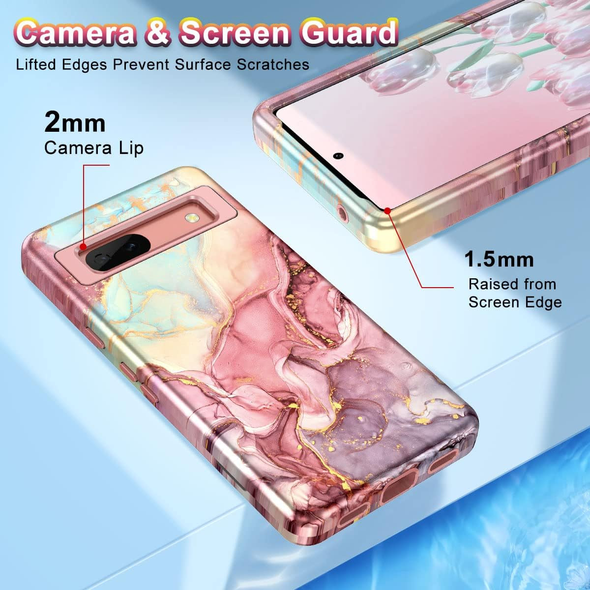 Btscase for Google Pixel 7A Case, [5 in 1] with 2 Pack Screen Protector + 2 Pack Camera Lens Protector, Marble Pattern Full Body Three Layer Rugged Shockproof Protective Cover (2023), Rose Gold  Btscase   