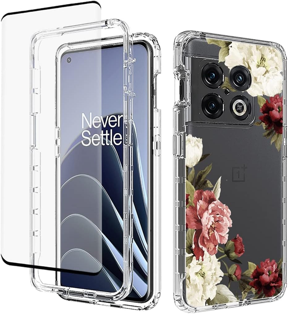Yodueiv for Oneplus 10 Pro NE2210 Case with Tempered Glass Screen Protector, Full-Body Cute Clear Floral Pattern Protective Phone Cover Case for Oneplus 10 Pro (Flower)  Yodueiv   