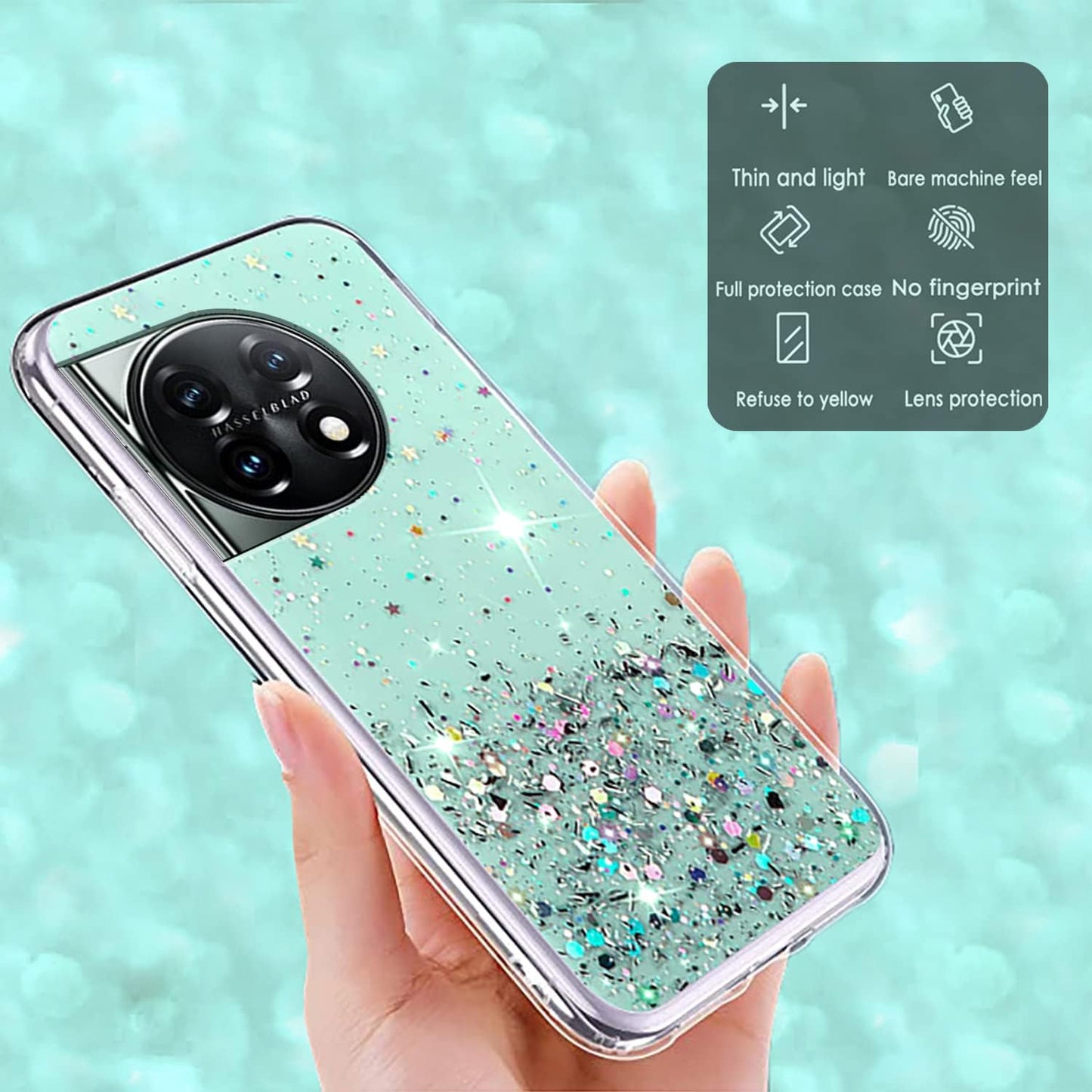 Compatible with Oneplus 11 Case Glitter Clear Green, Oneplus 11 Phone Case Silicone Transparent Soft TPU Women Girls Shockproof Protective Slim Cover (Green)  Wousunly   