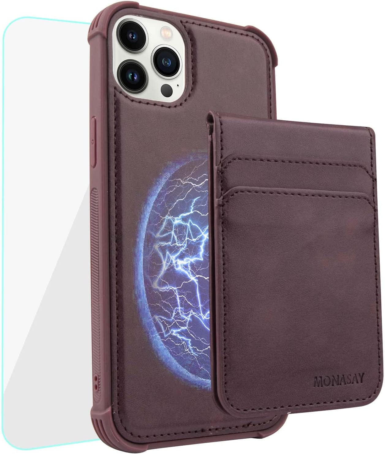 MONASAY Magwallet Case for Iphone 13 Pro Max,[Support Magsafe Wireless Charging][Glass Screen Protector] Flip Magnetic Leather Wallet Phone Cover with Detachable RFID Blocking Card Holder, Dark Green  MONASAY Burgundy  