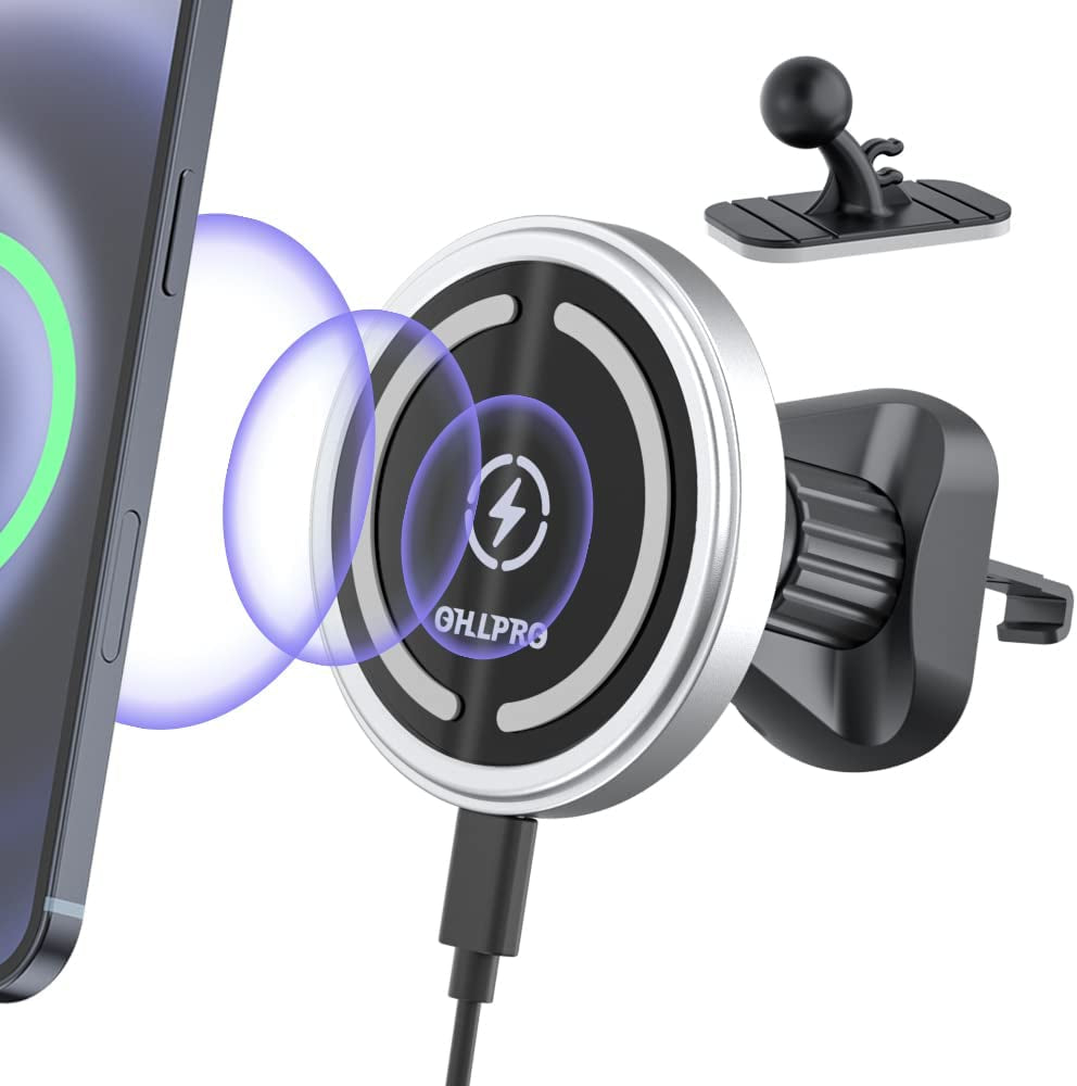Magnetic Wireless Car Charger Mount, Stick on the Dashboard for Magsafe Iphone 14/14 Pro/14 Max/13/13 Pro/13 Pro Max/ 12/12Pro/Mini, Fast Charging Auto-Alignment Air Vent Phone Holder (Dark Grey)  OHLPRO Silver  