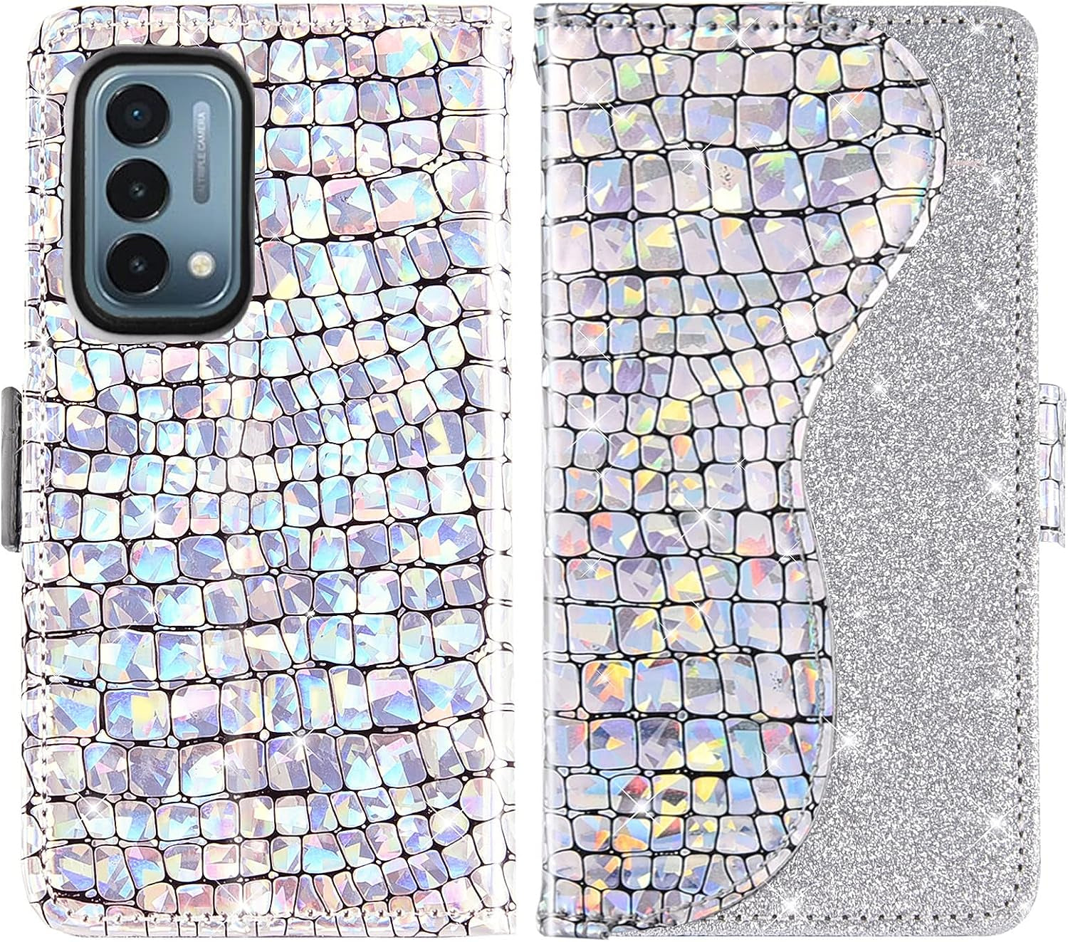 Asuwish Phone Case for Oneplus Nord N200 5G Wallet Cover with Screen Protector and Flip Card Holder Bling Glitter Stand Cell One plus N 200 G5 1 plus 200N 1Plus One+ 1+ N2005G 2021 Women Girls Silver  Asuwish   