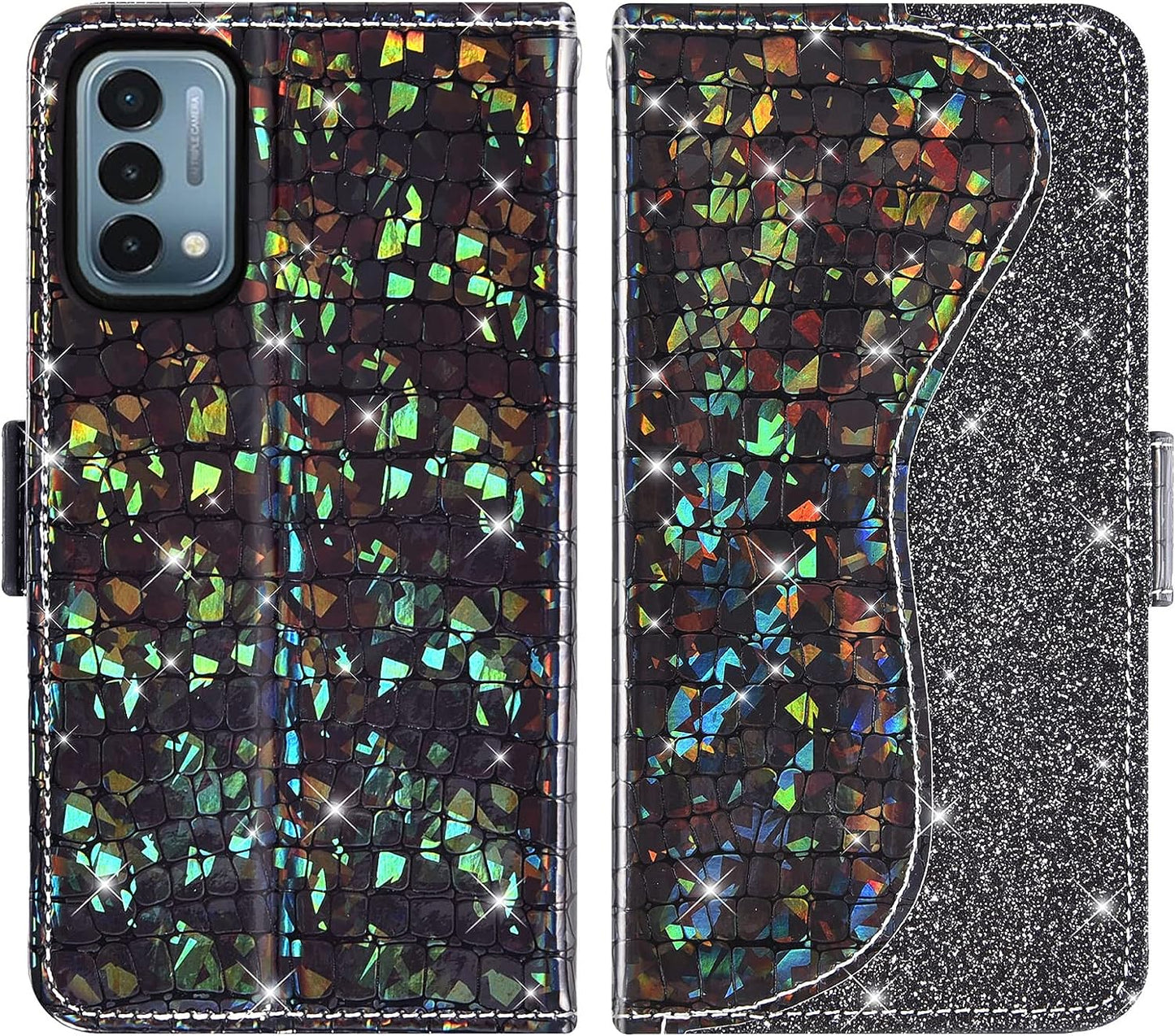 Asuwish Phone Case for Oneplus Nord N200 5G Wallet Cover with Screen Protector and Flip Card Holder Bling Glitter Stand Cell One plus N 200 G5 1 plus 200N 1Plus One+ 1+ N2005G 2021 Women Girls Black  Asuwish   