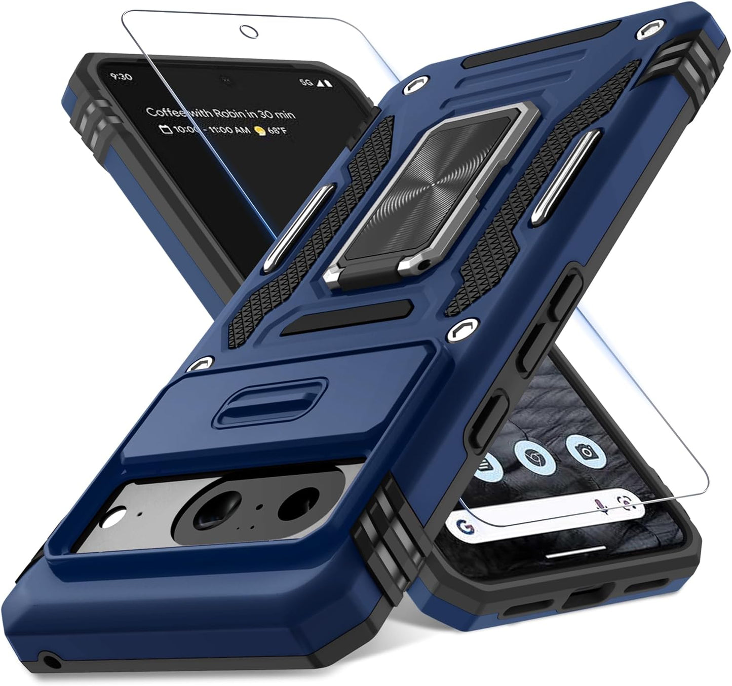 DEERLAMN for Google Pixel 8 Case with Slide Camera Cover+Screen Protector (1 Pack), Rotated Ring Kickstand Military Grade Shockproof Heavy Duty Protective Cover -Green  DEERLAMN Navy Blue Google Pixel 8 