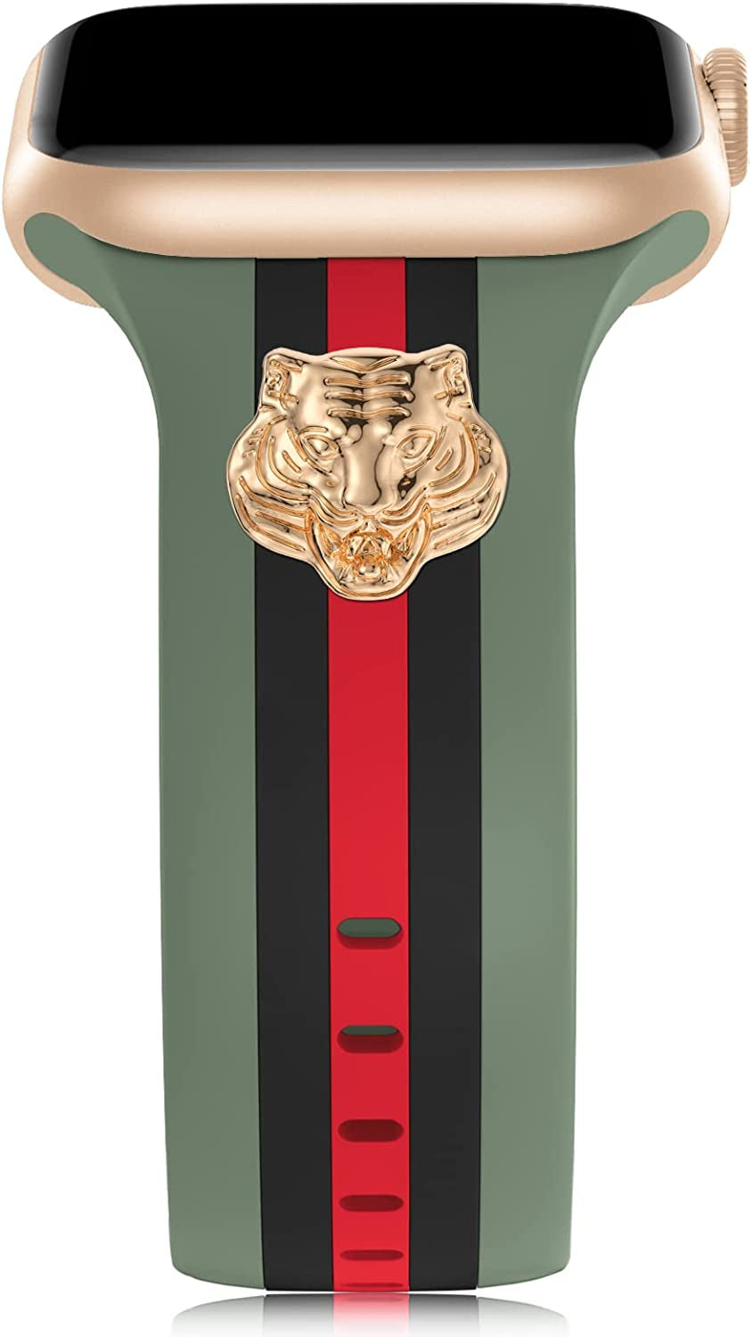 Designer Band with Charms Decor Compatible with Apple Watch Band 38Mm 40Mm 41Mm 42Mm 44Mm 45Mm 49Mm Women Men, Stylish Silicone Sport Wristbands for Iwatch Series 8 7 6 5 4 3 2 1 SE Ultra  Bagoplus Green/Black/Red with Tiger 38mm/40mm/41mm 