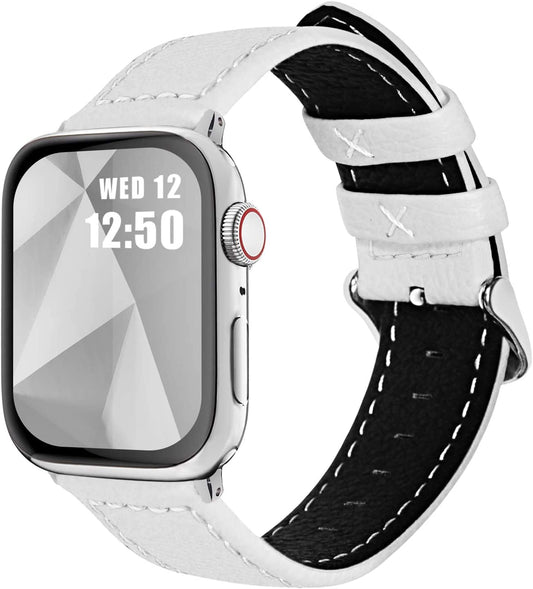Fullmosa Compatible Apple Watch Band Leather 42Mm 44Mm 45Mm 38Mm 41Mm 40Mm for Iwatch Se/Se2/Series 8/7/6/5/4/3/2/1/Ultra 49Mm,42Mm/44Mm/45Mm White + Silver Buckle  Fullmosa   
